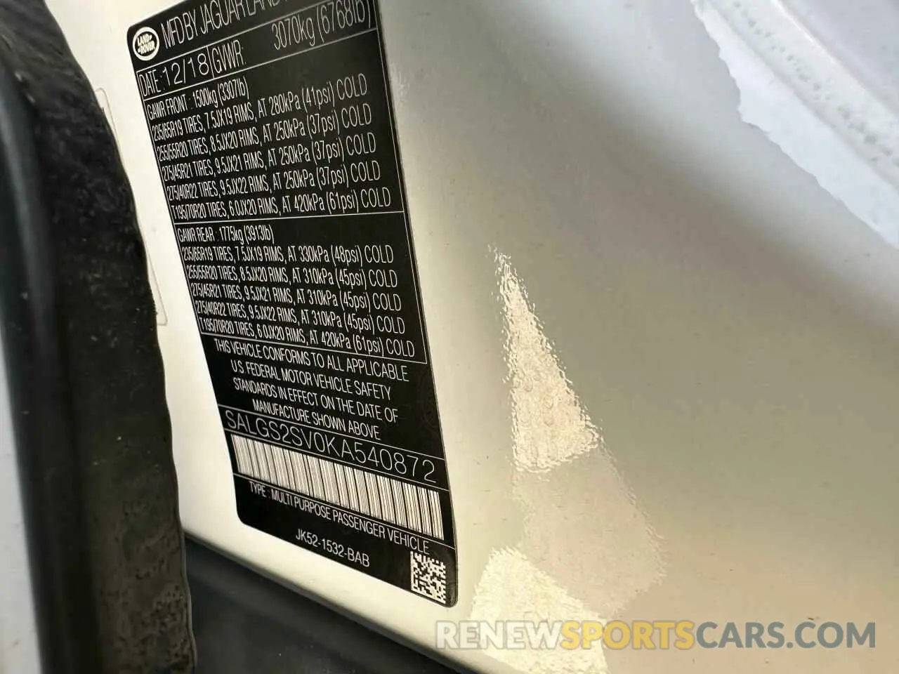 10 Photograph of a damaged car SALGS2SV0KA540872 LAND ROVER RANGEROVER 2019