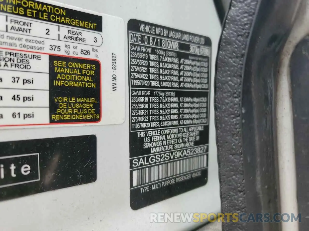 13 Photograph of a damaged car SALGS2SV9KA523827 LAND ROVER RANGEROVER 2019