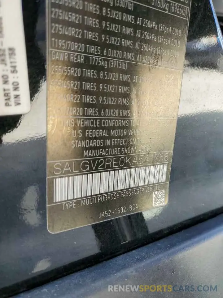 13 Photograph of a damaged car SALGV2RE0KA541758 LAND ROVER RANGEROVER 2019