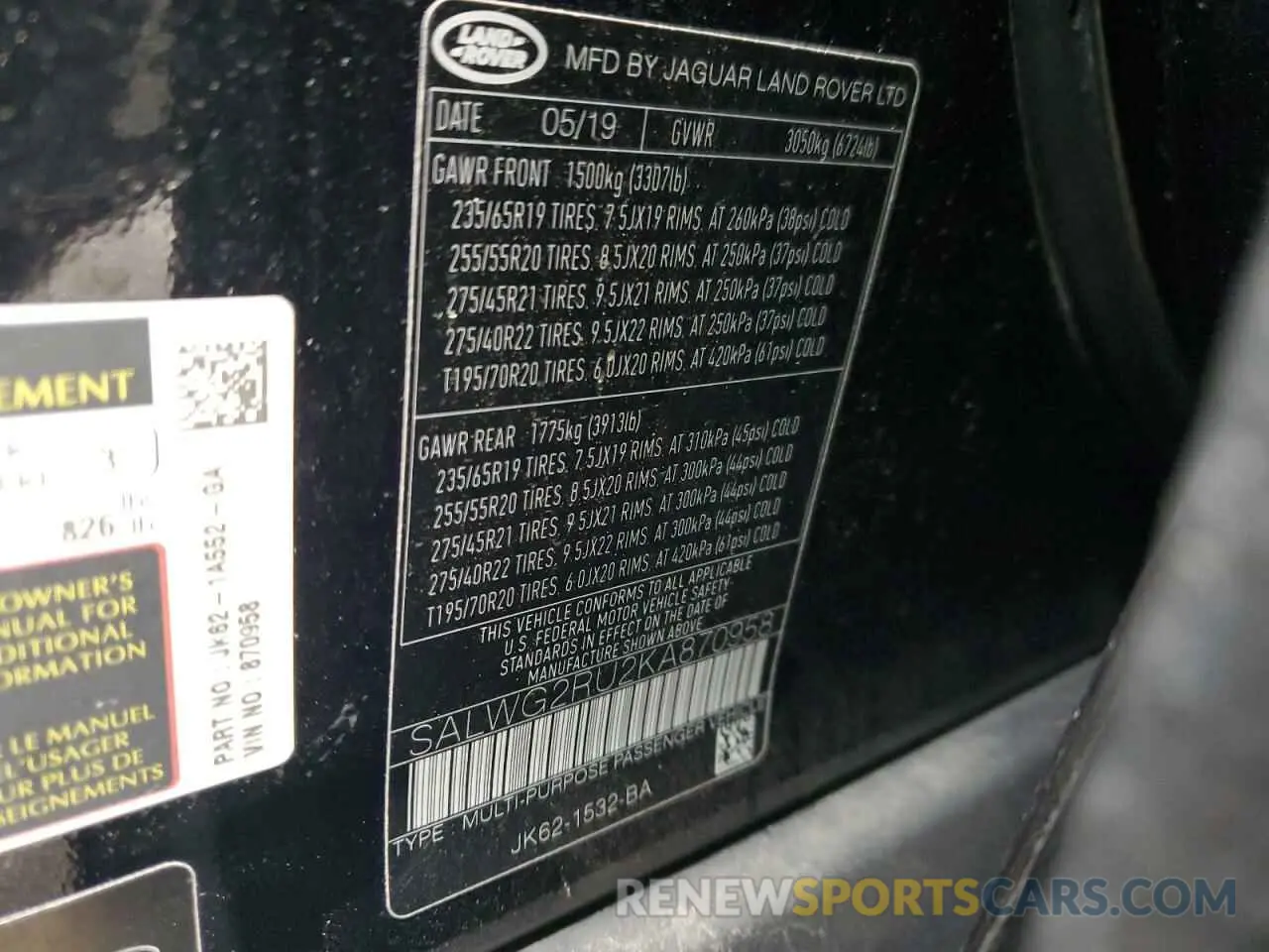 15 Photograph of a damaged car SALWG2RU2KA870958 LAND ROVER RANGEROVER 2019