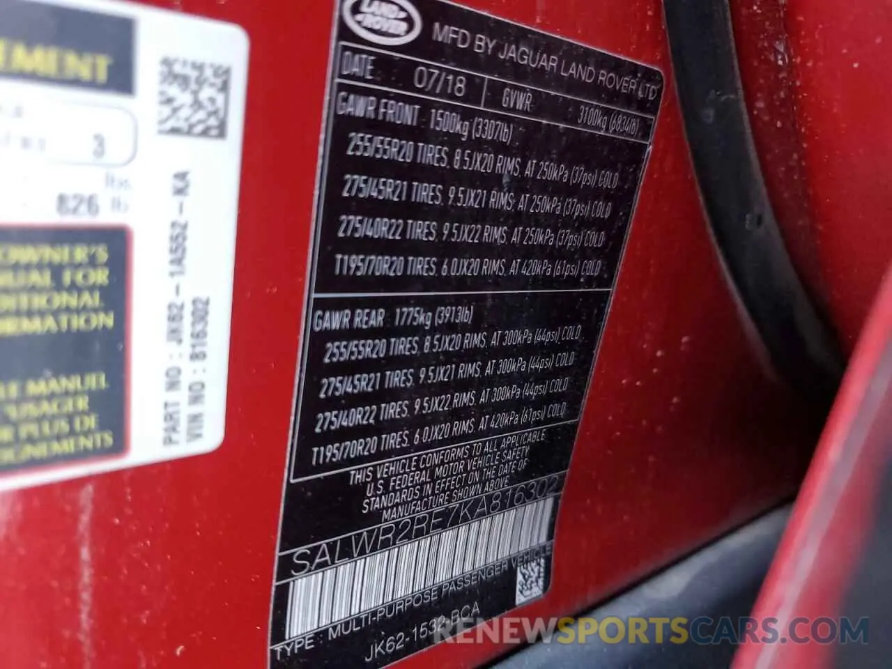 13 Photograph of a damaged car SALWR2RE7KA816302 LAND ROVER RANGEROVER 2019