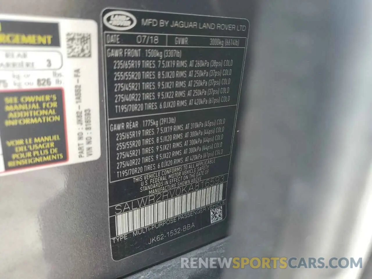14 Photograph of a damaged car SALWR2RV0KA816593 LAND ROVER RANGEROVER 2019