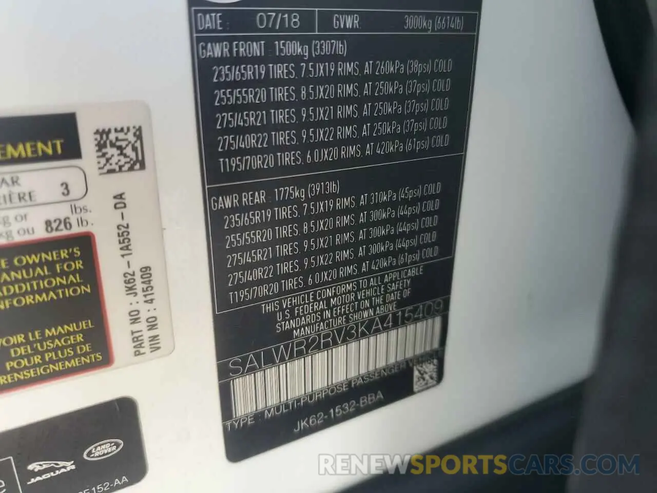 13 Photograph of a damaged car SALWR2RV3KA415409 LAND ROVER RANGEROVER 2019