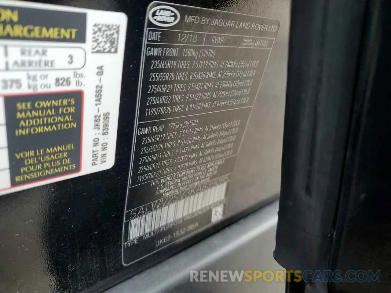 13 Photograph of a damaged car SALWV2SV3KA839095 LAND ROVER RANGEROVER 2019