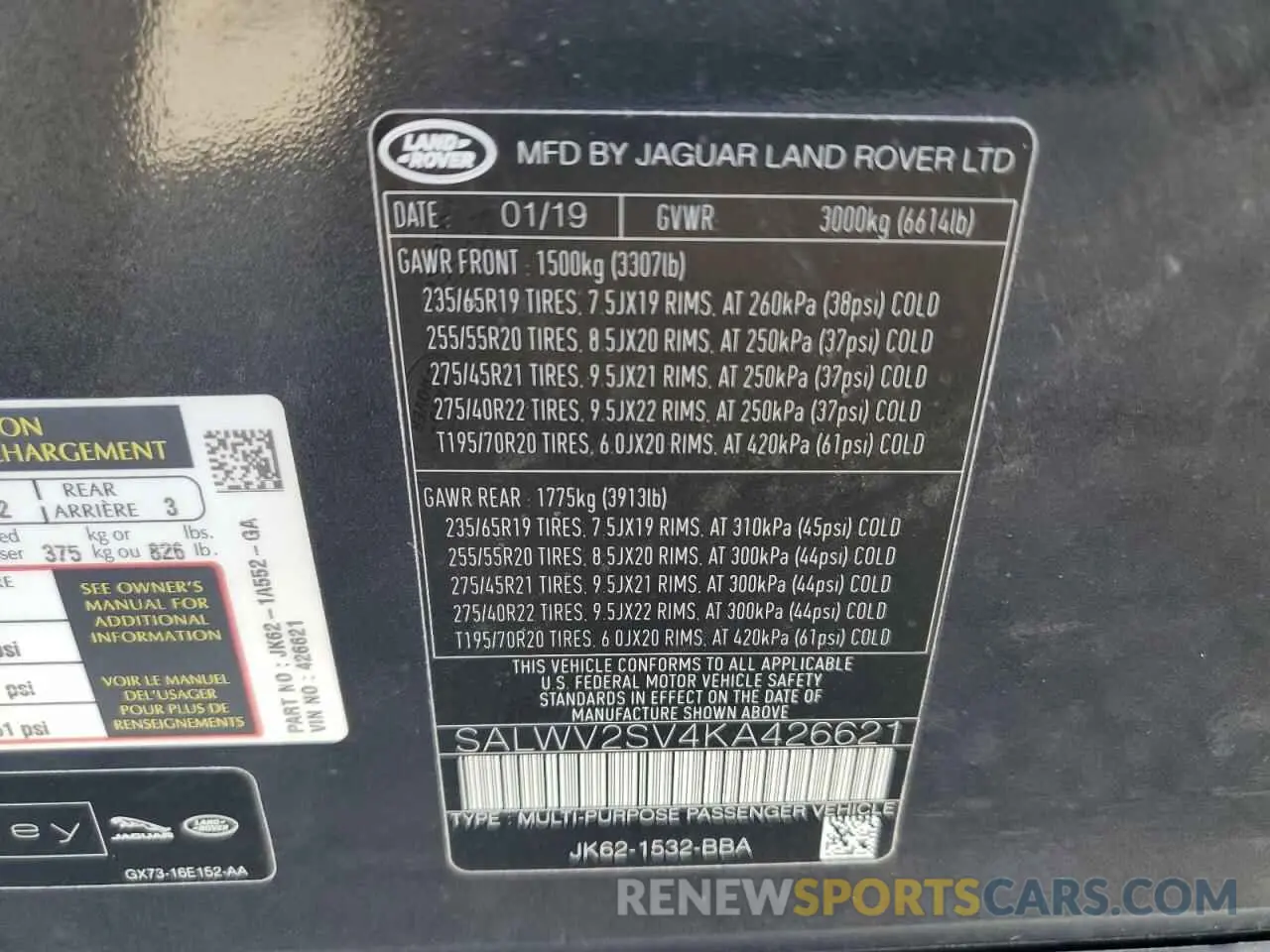 13 Photograph of a damaged car SALWV2SV4KA426621 LAND ROVER RANGEROVER 2019