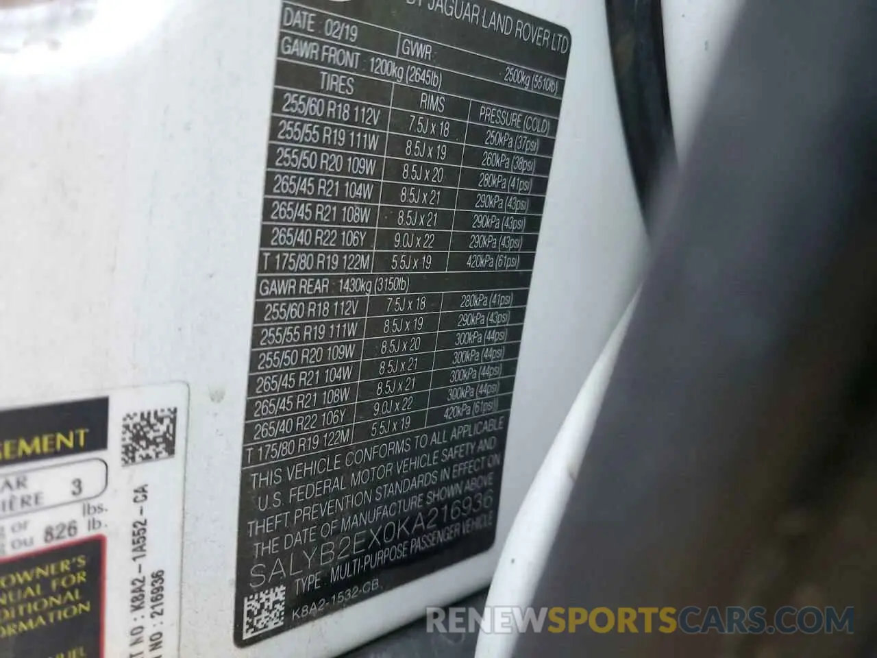 12 Photograph of a damaged car SALYB2EX0KA216936 LAND ROVER RANGEROVER 2019