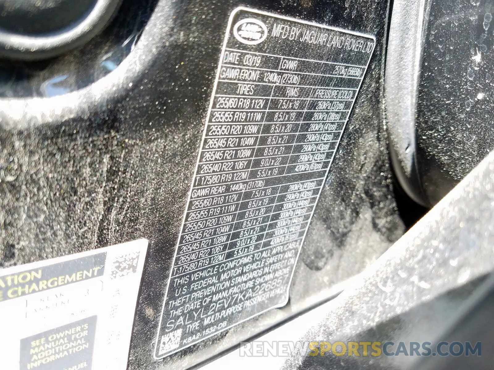 10 Photograph of a damaged car SALYL2FV7KA226857 LAND ROVER RANGEROVER 2019