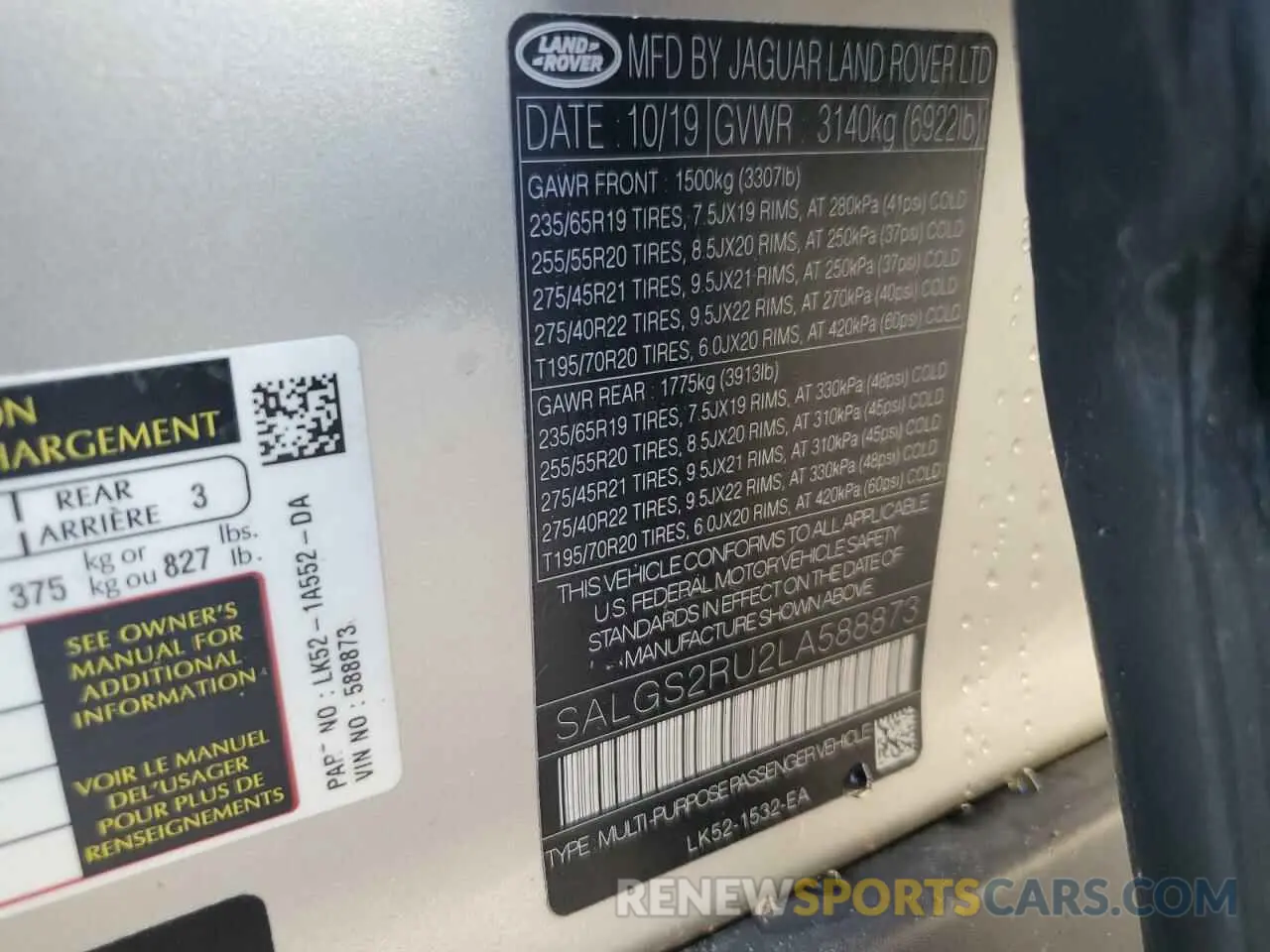 13 Photograph of a damaged car SALGS2RU2LA588873 LAND ROVER RANGEROVER 2020