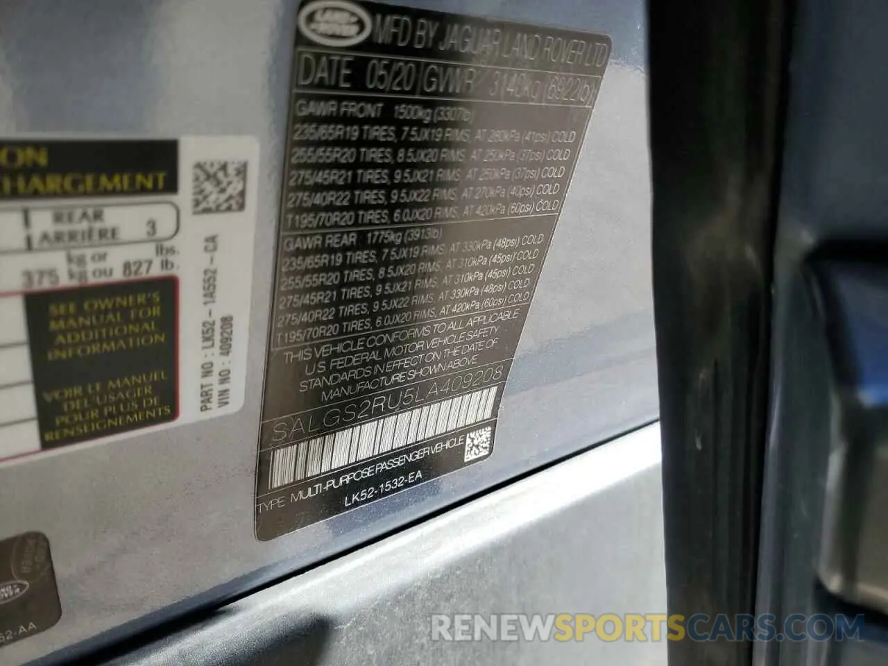 13 Photograph of a damaged car SALGS2RU5LA409208 LAND ROVER RANGEROVER 2020