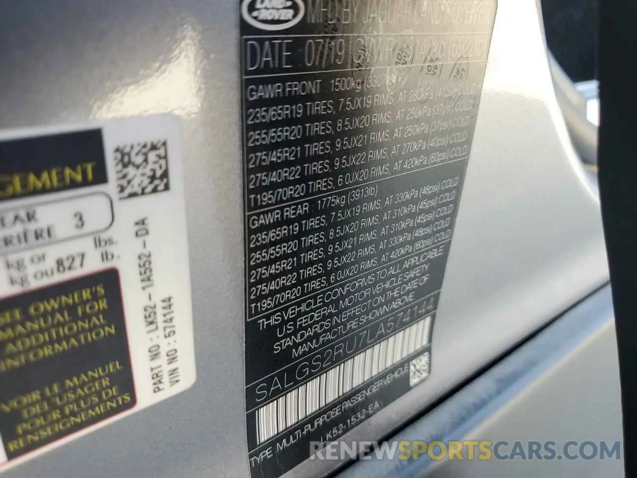 13 Photograph of a damaged car SALGS2RU7LA574144 LAND ROVER RANGEROVER 2020