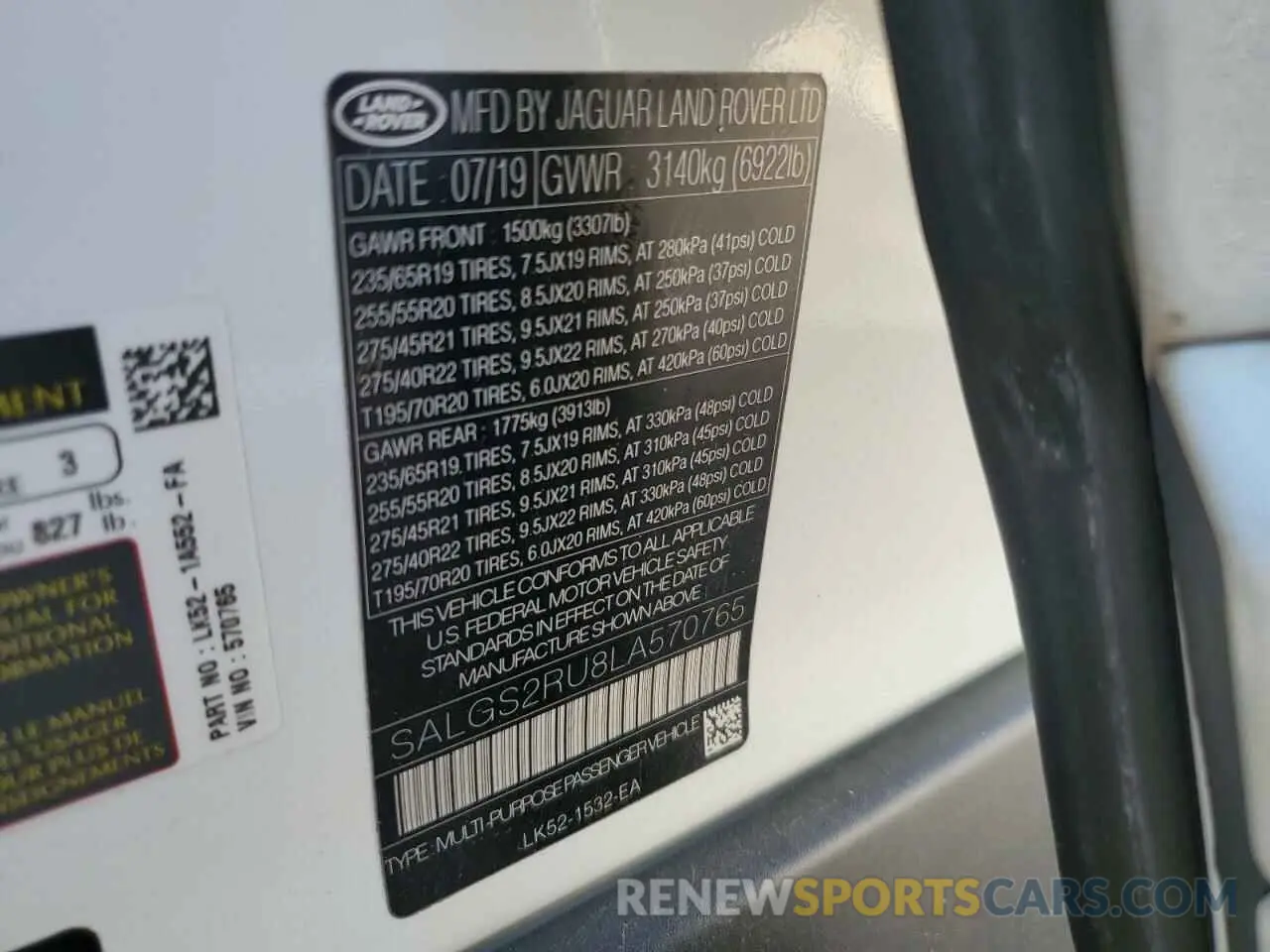 14 Photograph of a damaged car SALGS2RU8LA570765 LAND ROVER RANGEROVER 2020