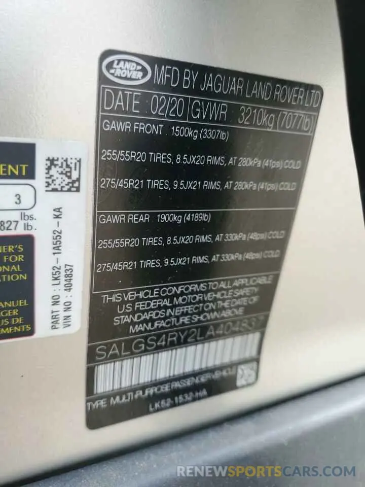 13 Photograph of a damaged car SALGS4RY2LA404837 LAND ROVER RANGEROVER 2020
