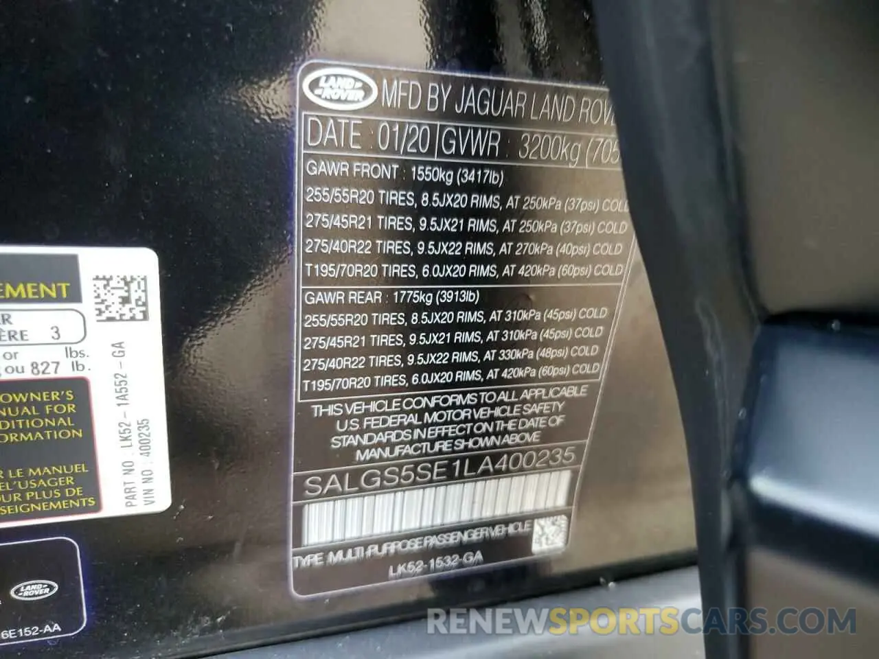13 Photograph of a damaged car SALGS5SE1LA400235 LAND ROVER RANGEROVER 2020