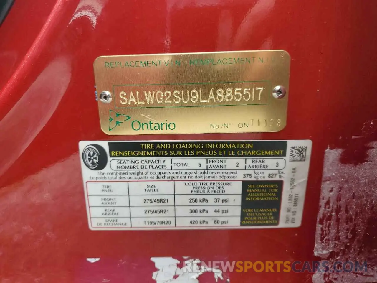13 Photograph of a damaged car SALWG2SU9LA885517 LAND ROVER RANGEROVER 2020