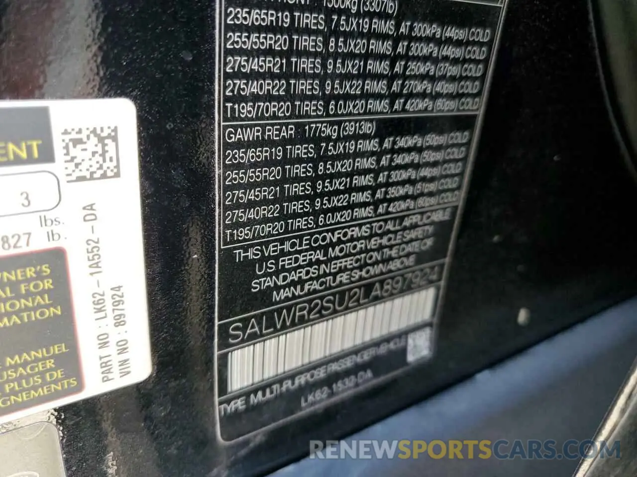 13 Photograph of a damaged car SALWR2SU2LA897924 LAND ROVER RANGEROVER 2020