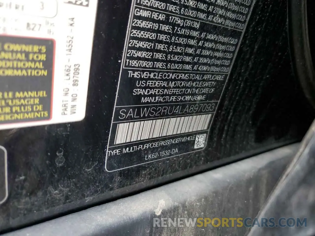 13 Photograph of a damaged car SALWS2RU4LA897093 LAND ROVER RANGEROVER 2020