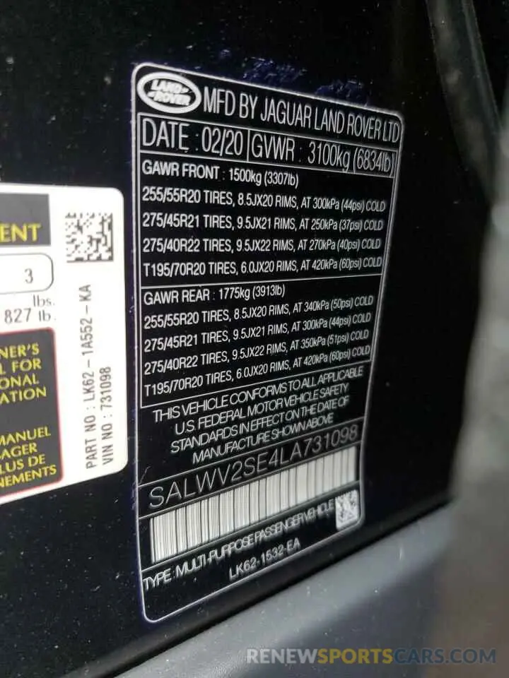 12 Photograph of a damaged car SALWV2SE4LA731098 LAND ROVER RANGEROVER 2020