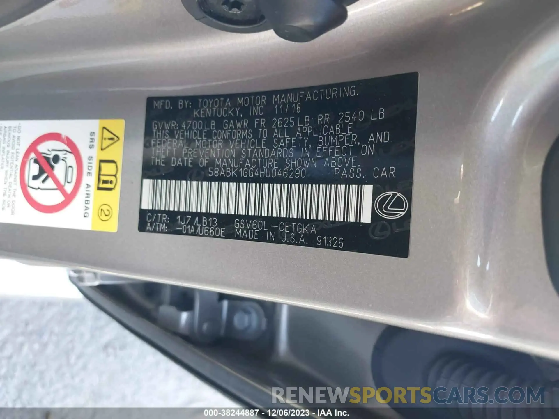 9 Photograph of a damaged car 58ABK1GG4HU046290 LEXUS ES 2017