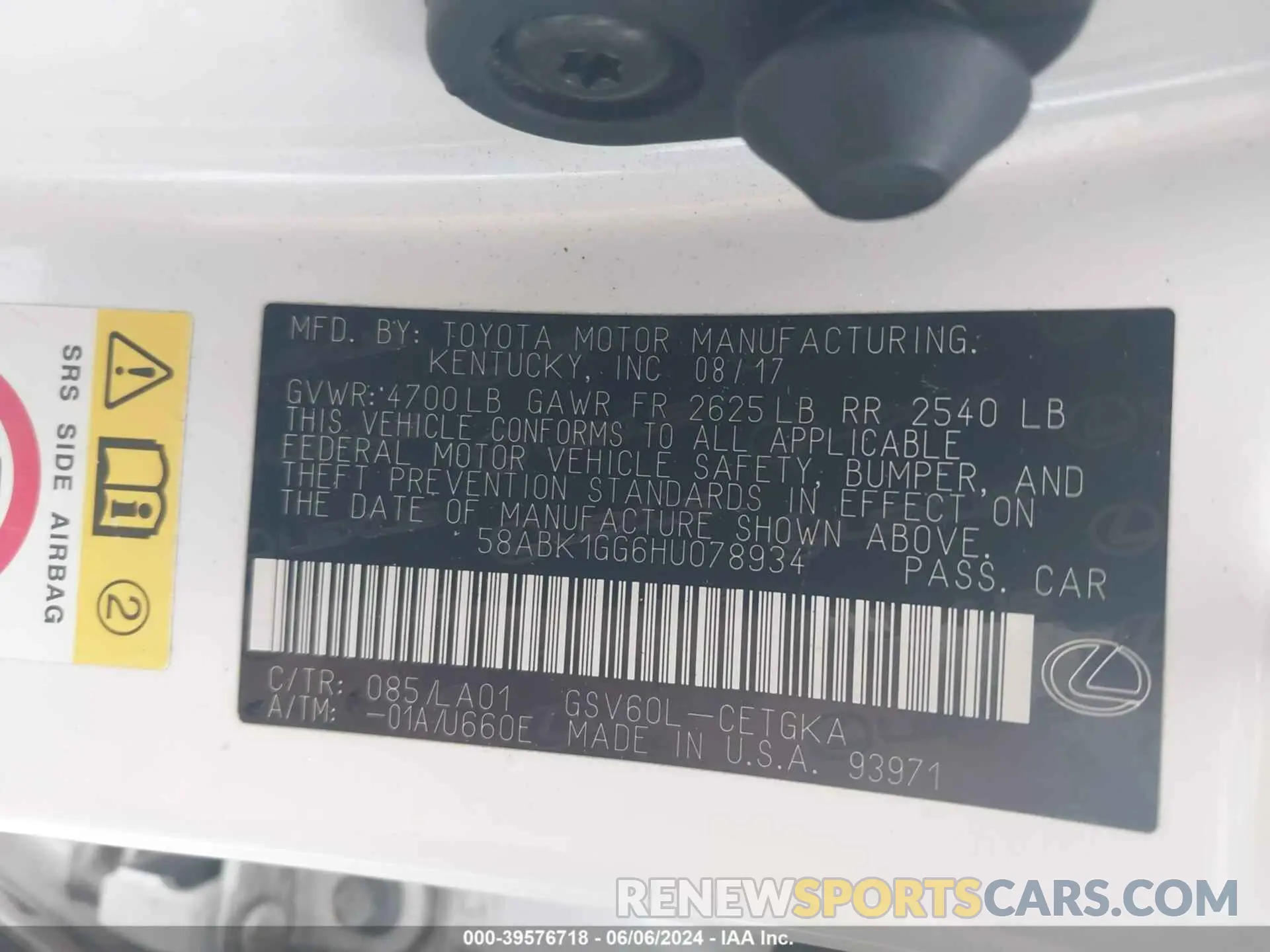 9 Photograph of a damaged car 58ABK1GG6HU078934 LEXUS ES 2017