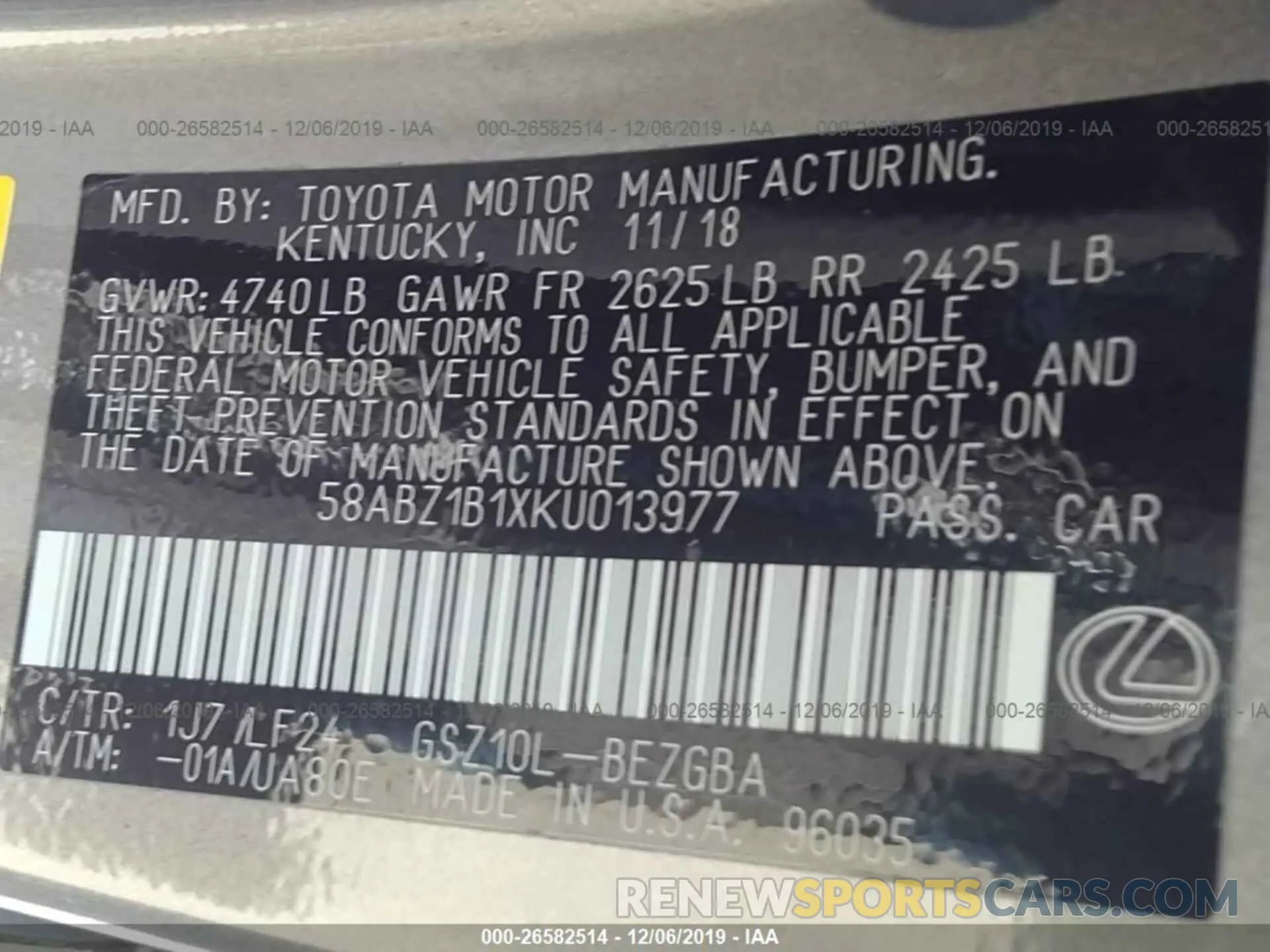 9 Photograph of a damaged car 58ABZ1B1XKU013977 LEXUS ES 2019