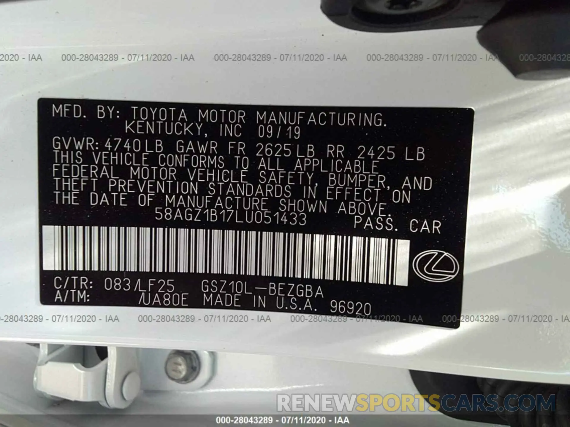 9 Photograph of a damaged car 58AGZ1B17LU051433 LEXUS ES 2020