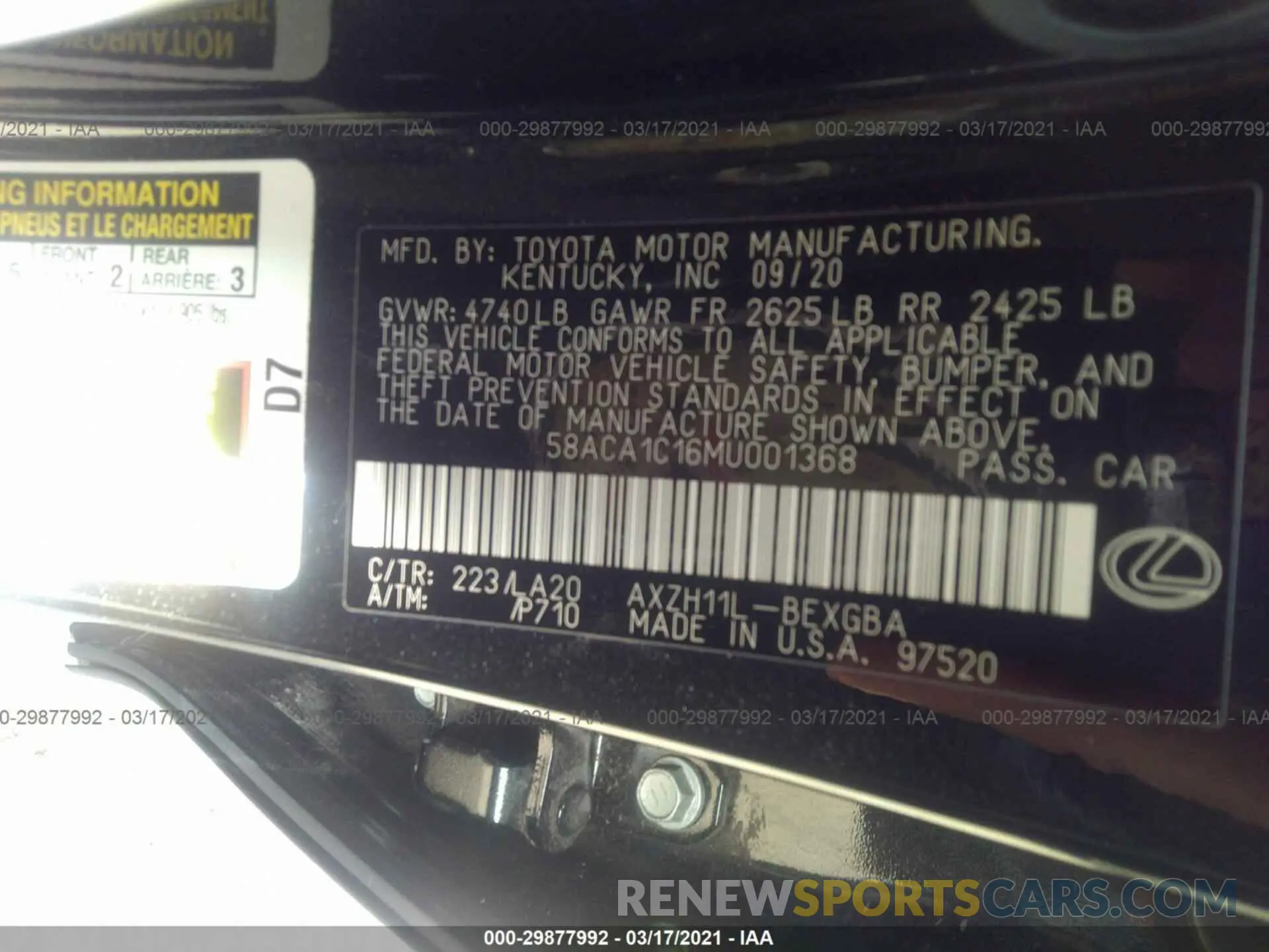 9 Photograph of a damaged car 58ACA1C16MU001368 LEXUS ES 2021