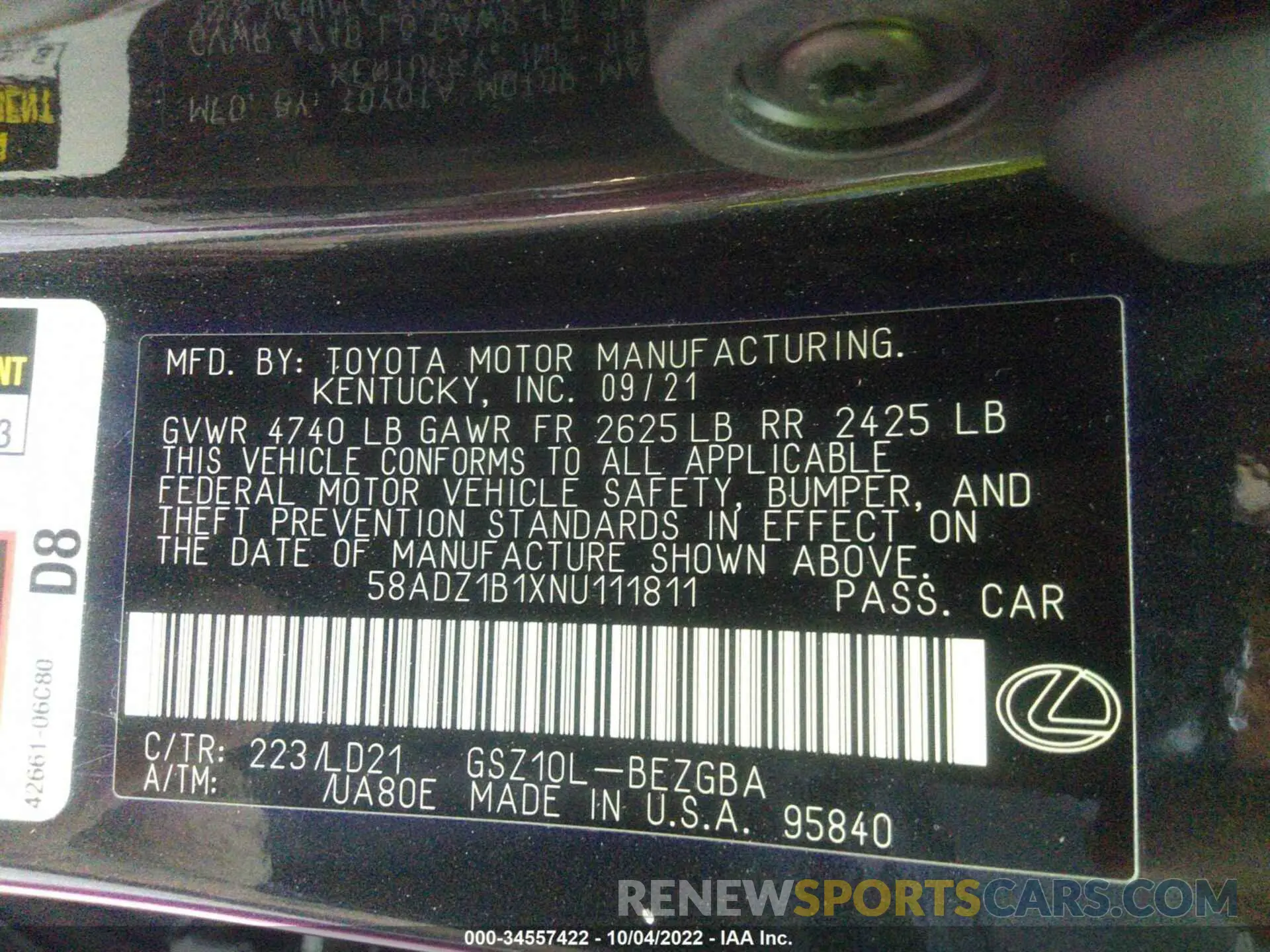 9 Photograph of a damaged car 58ADZ1B1XNU111811 LEXUS ES 2022