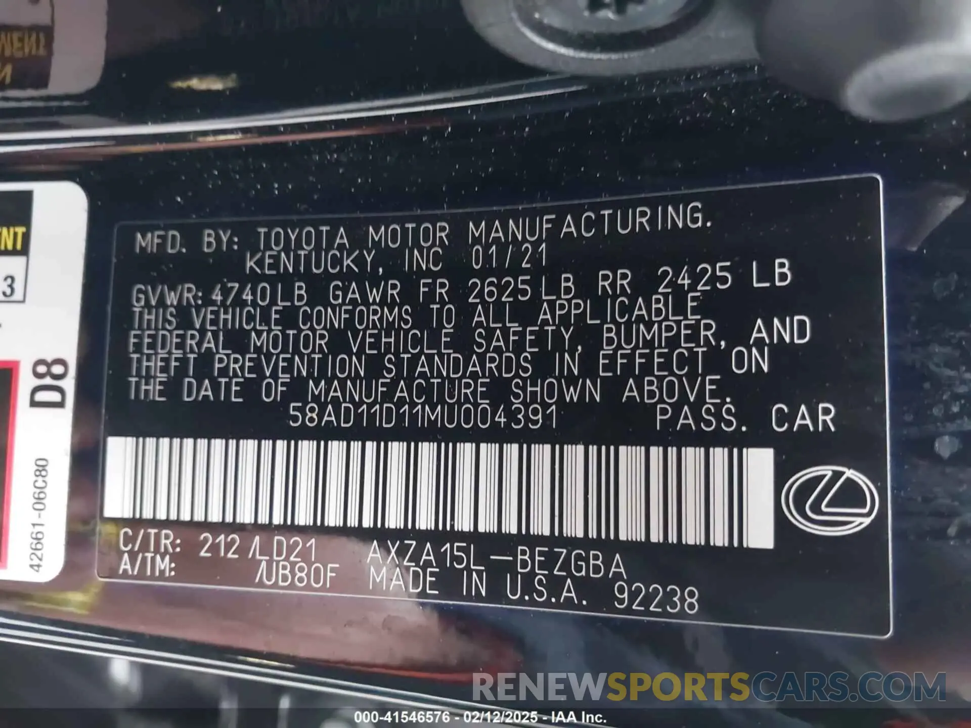 9 Photograph of a damaged car 58AD11D11MU004391 LEXUS ES 250 2021