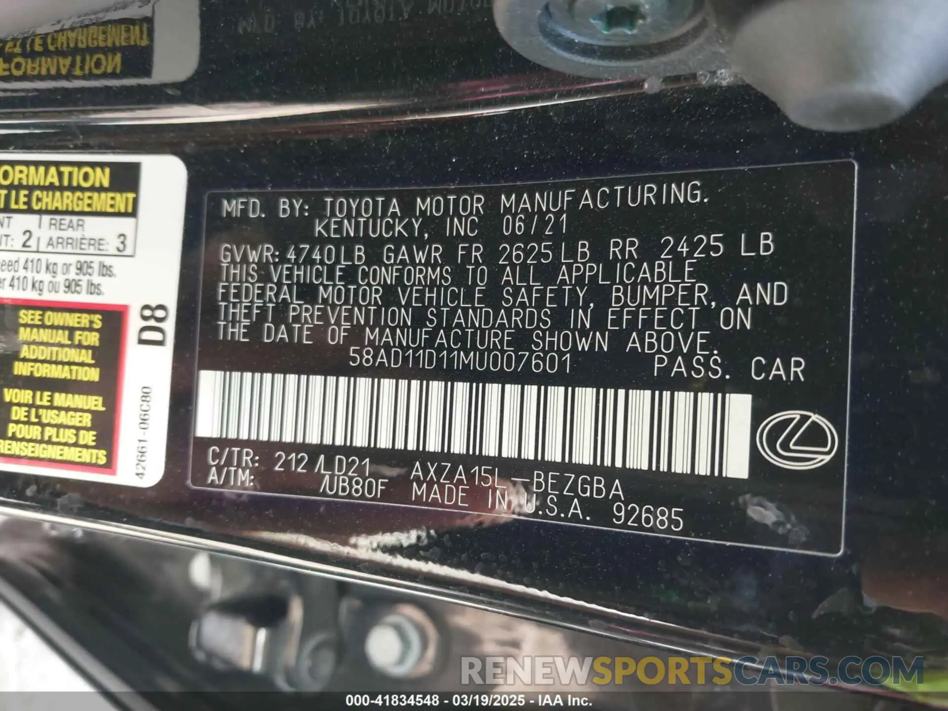 9 Photograph of a damaged car 58AD11D11MU007601 LEXUS ES 250 2021