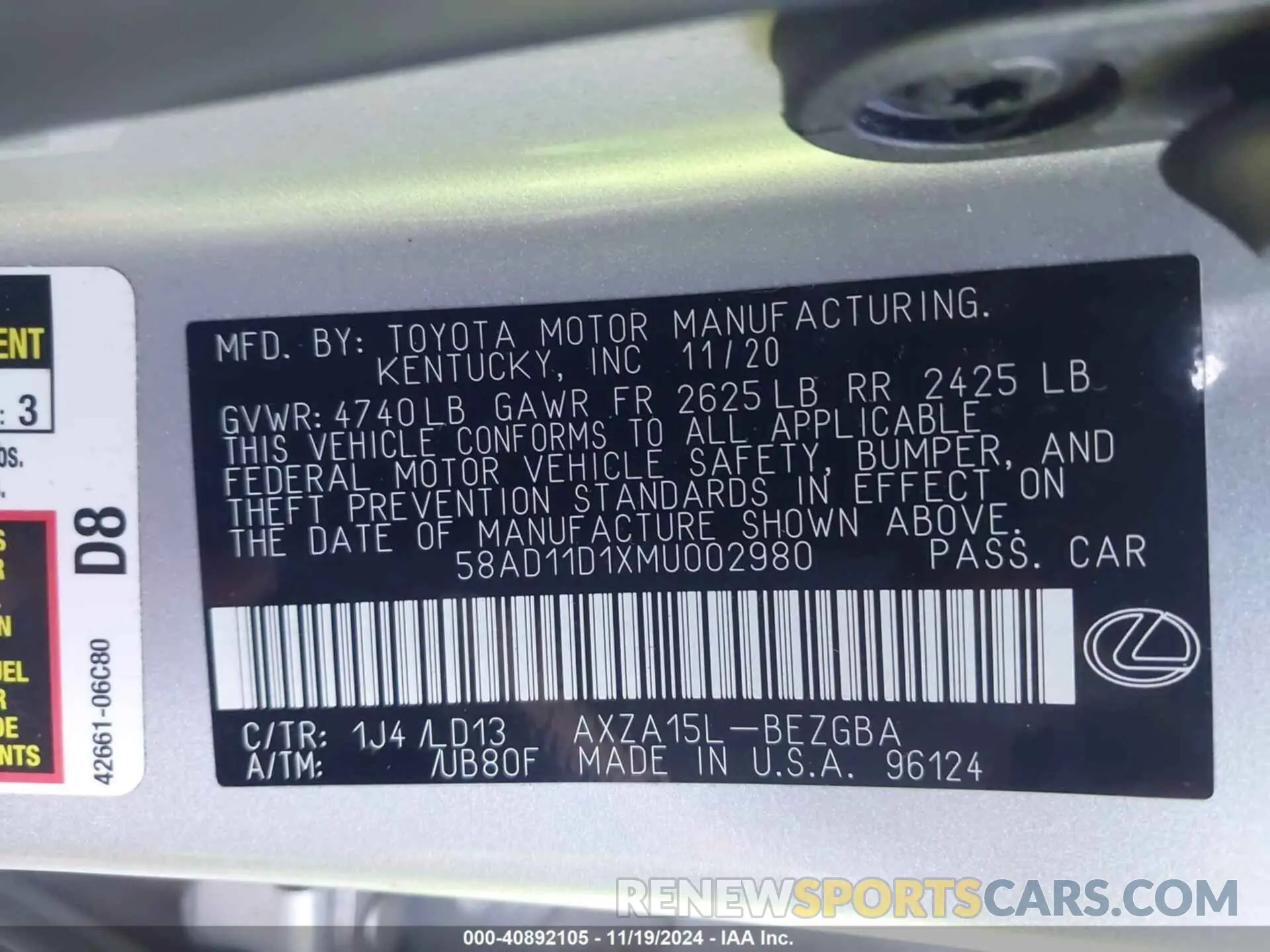9 Photograph of a damaged car 58AD11D1XMU002980 LEXUS ES 250 2021