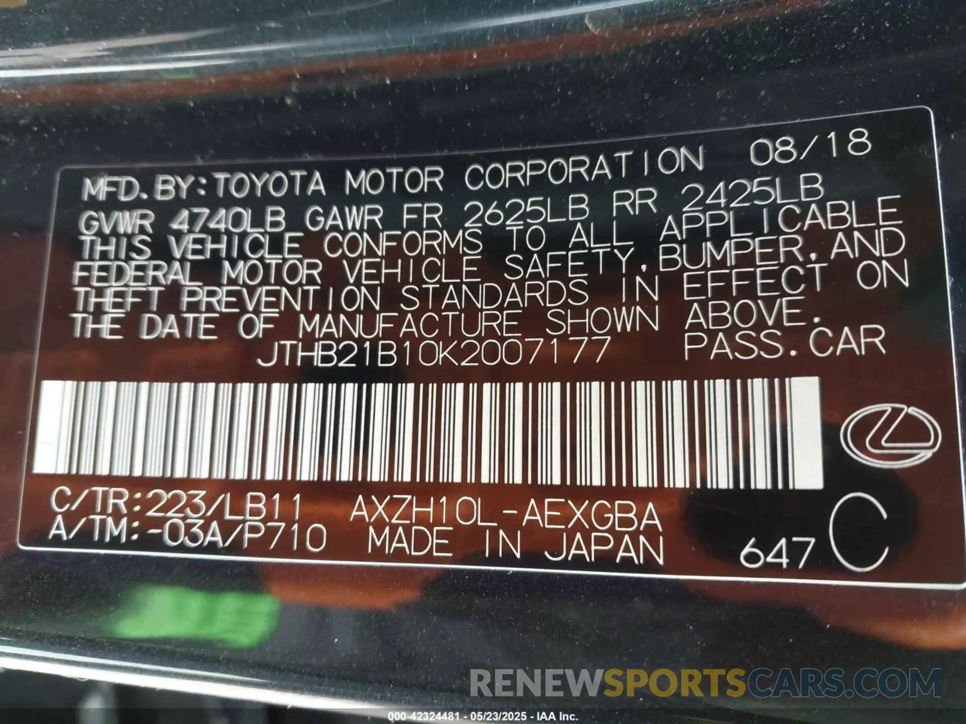 9 Photograph of a damaged car JTHB21B10K2007177 LEXUS ES 300H 2019