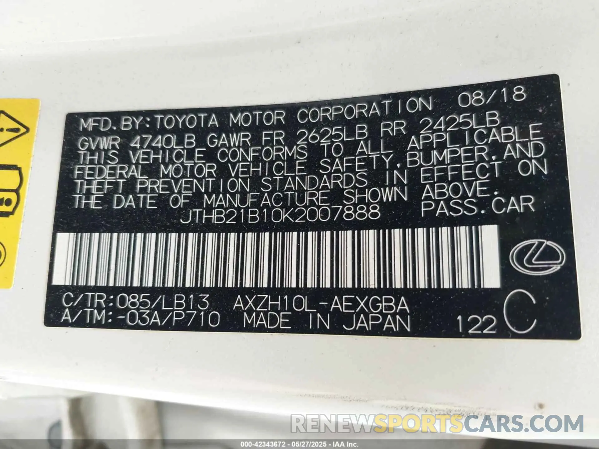 9 Photograph of a damaged car JTHB21B10K2007888 LEXUS ES 300H 2019