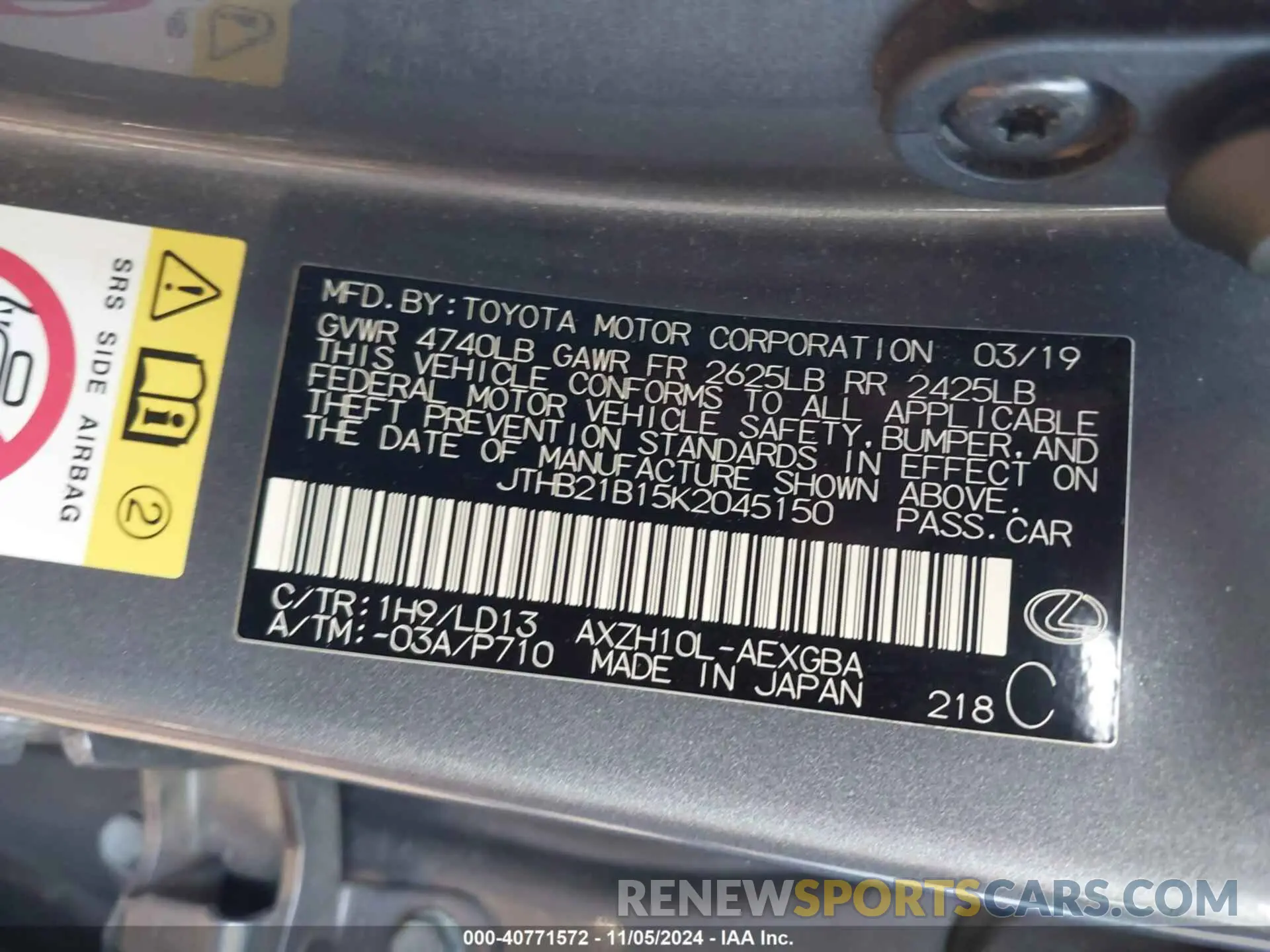 9 Photograph of a damaged car JTHB21B15K2045150 LEXUS ES 300H 2019