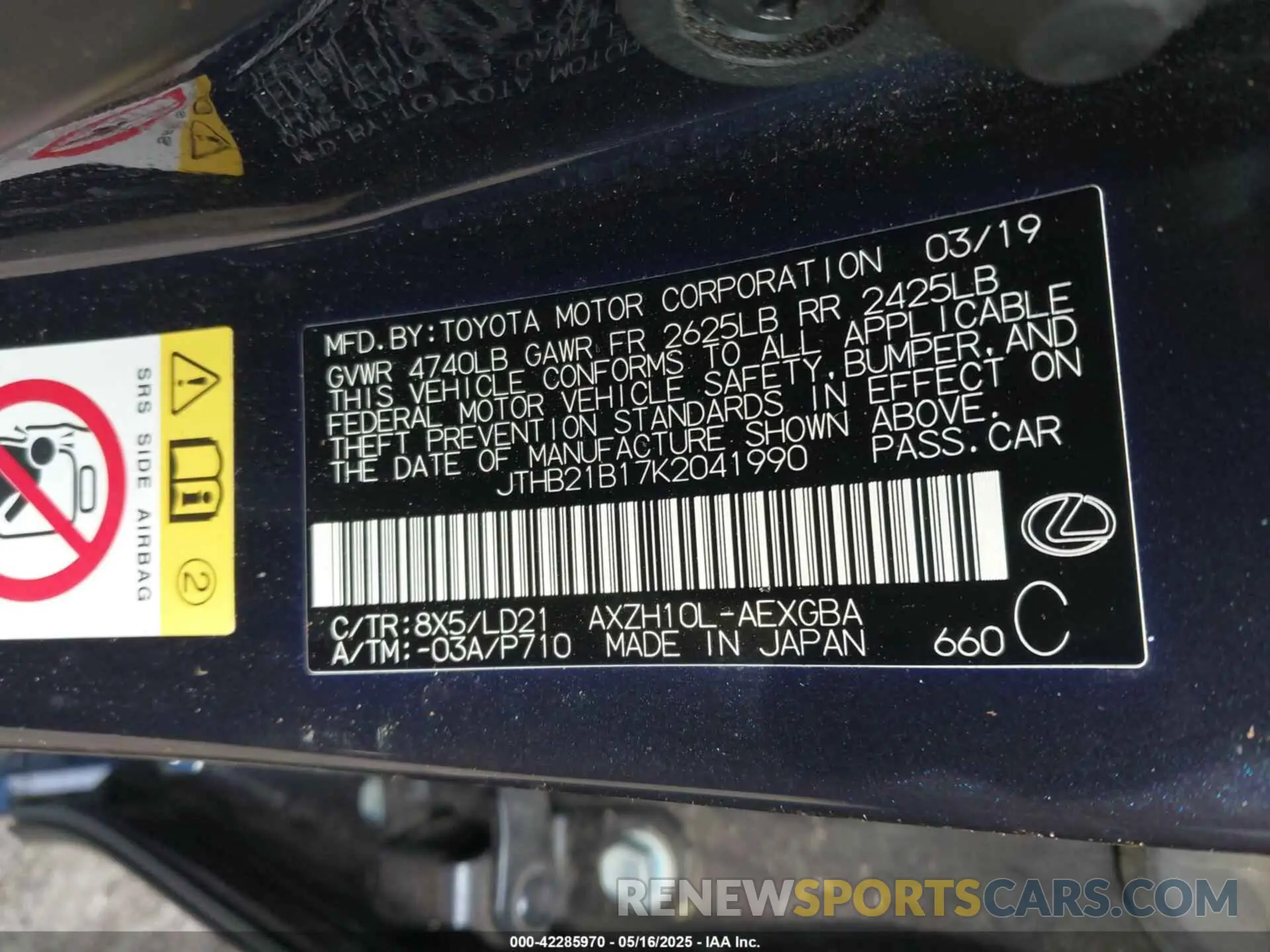 9 Photograph of a damaged car JTHB21B17K2041990 LEXUS ES 300H 2019