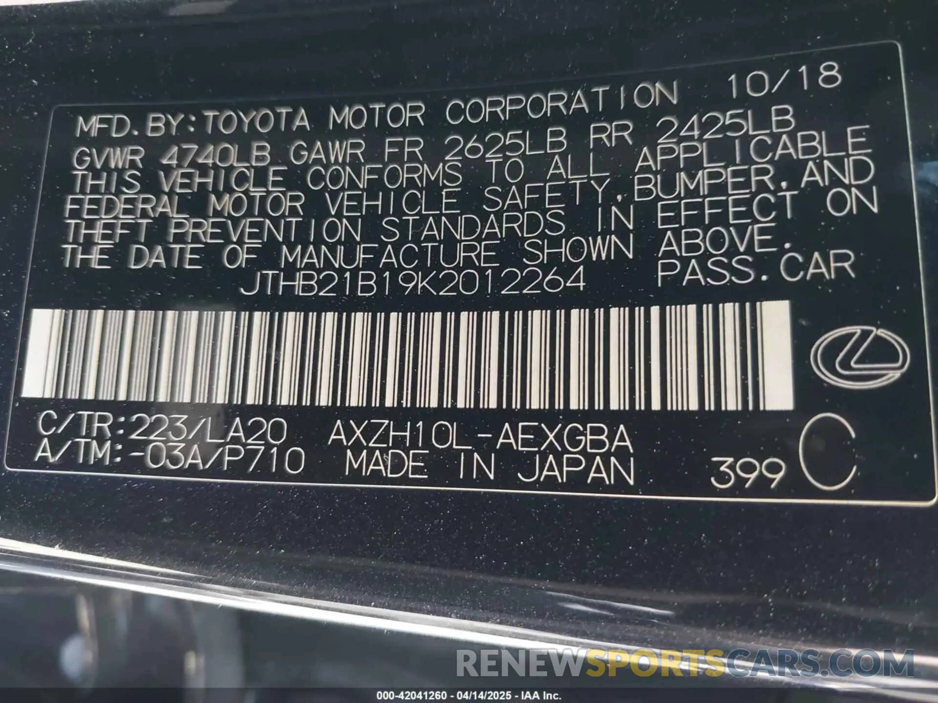 9 Photograph of a damaged car JTHB21B19K2012264 LEXUS ES 300H 2019