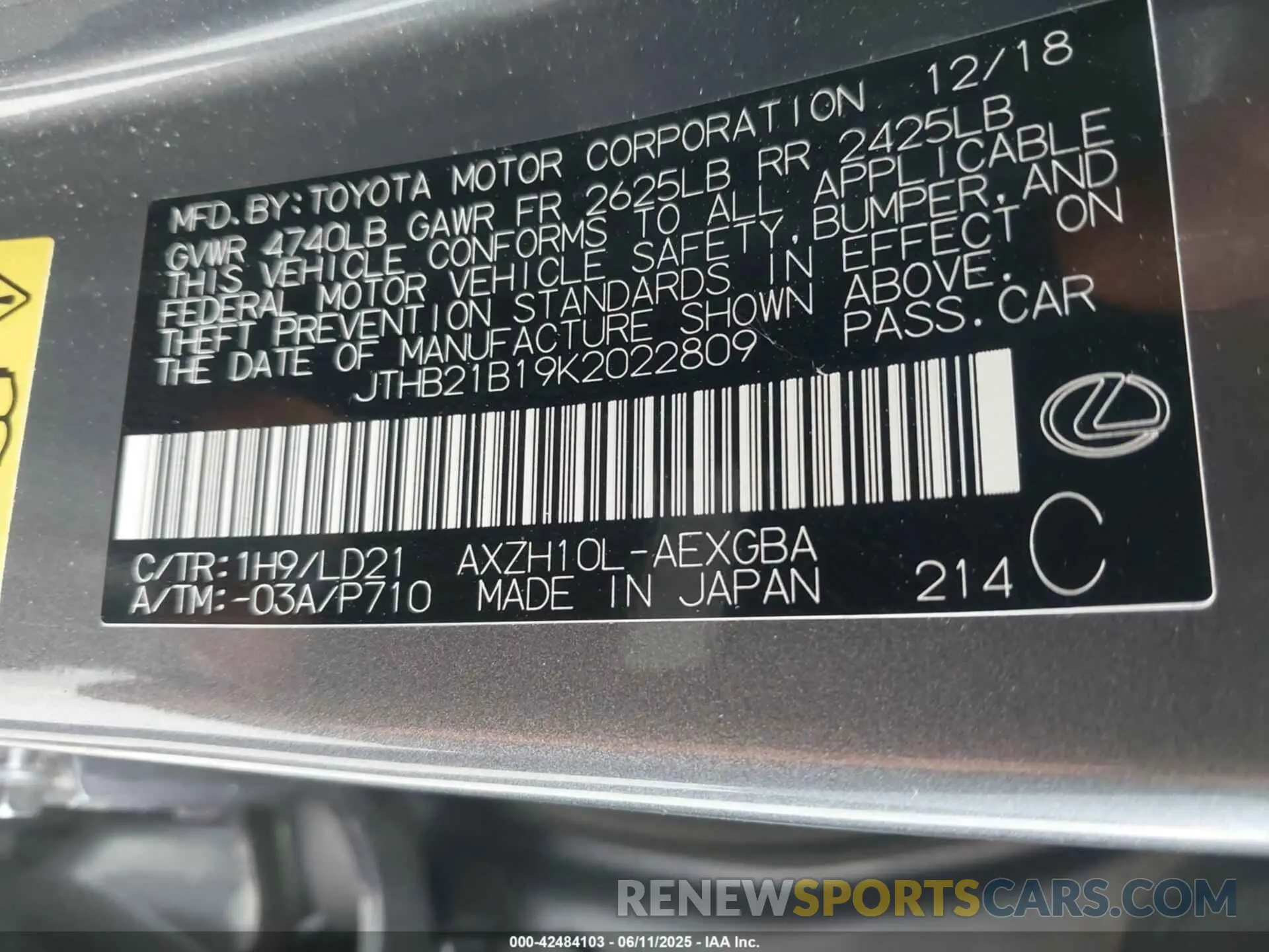 9 Photograph of a damaged car JTHB21B19K2022809 LEXUS ES 300H 2019