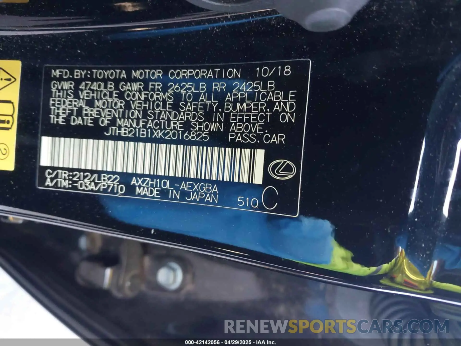 9 Photograph of a damaged car JTHB21B1XK2016825 LEXUS ES 300H 2019