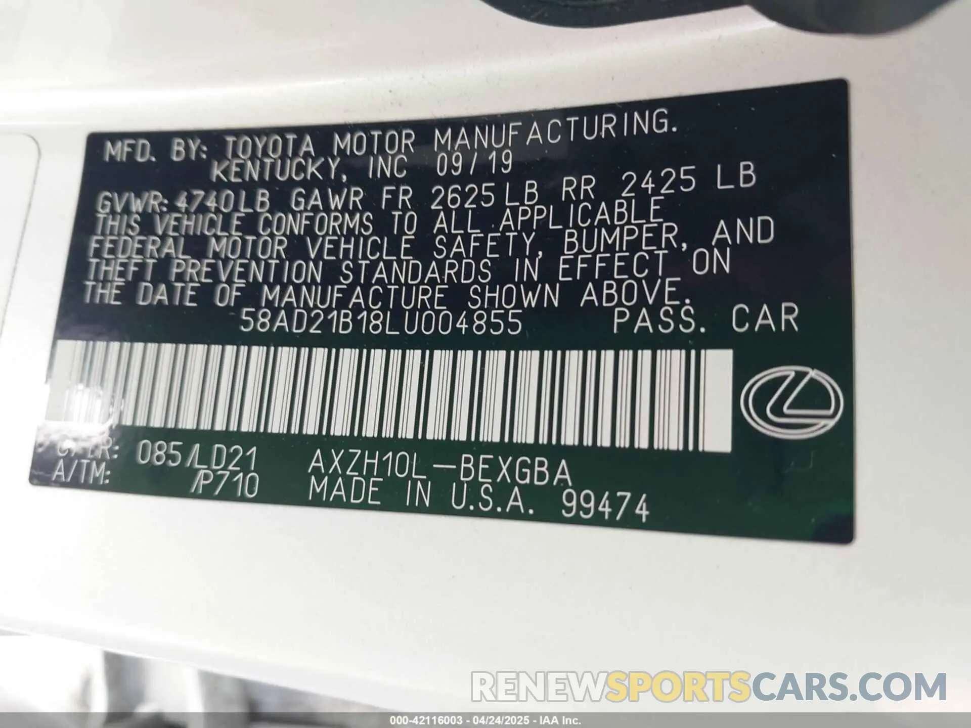 9 Photograph of a damaged car 58AD21B18LU004855 LEXUS ES 300H 2020
