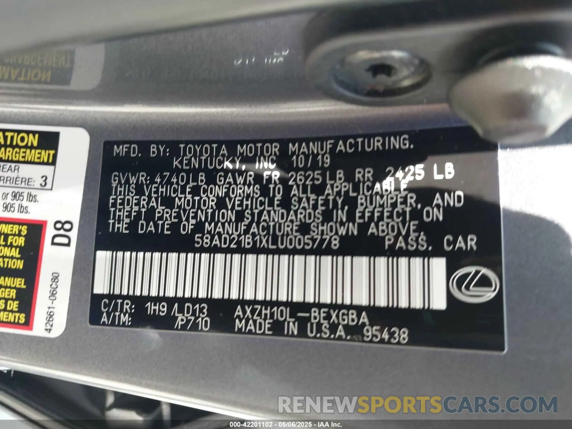 9 Photograph of a damaged car 58AD21B1XLU005778 LEXUS ES 300H 2020