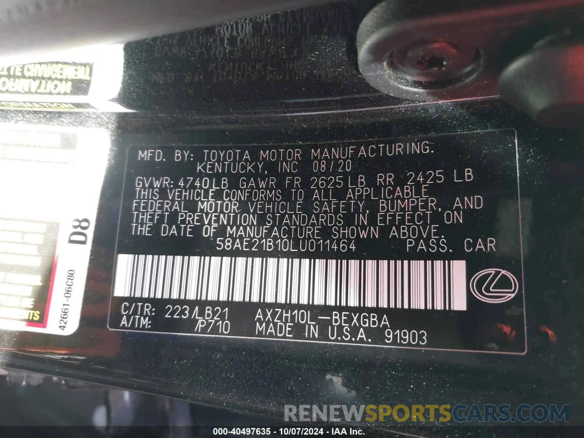 9 Photograph of a damaged car 58AE21B10LU011464 LEXUS ES 300H 2020
