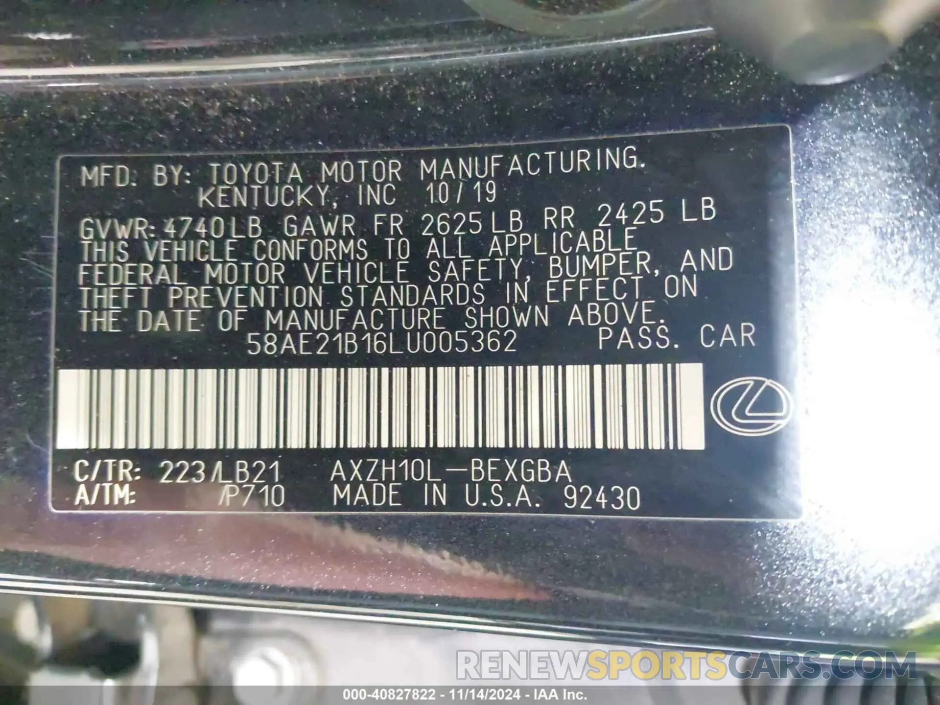 9 Photograph of a damaged car 58AE21B16LU005362 LEXUS ES 300H 2020
