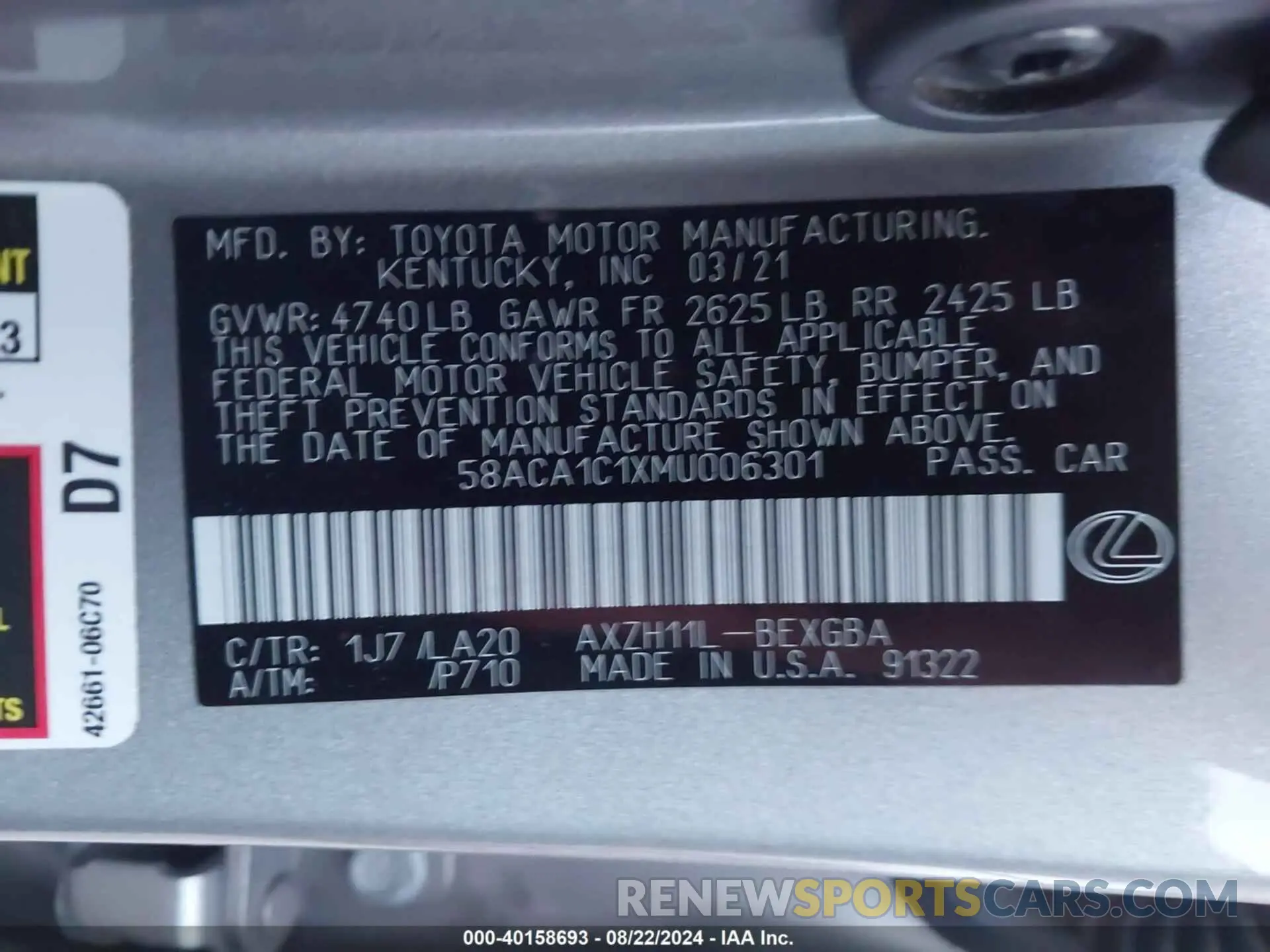 9 Photograph of a damaged car 58ACA1C1XMU006301 LEXUS ES 300H 2021