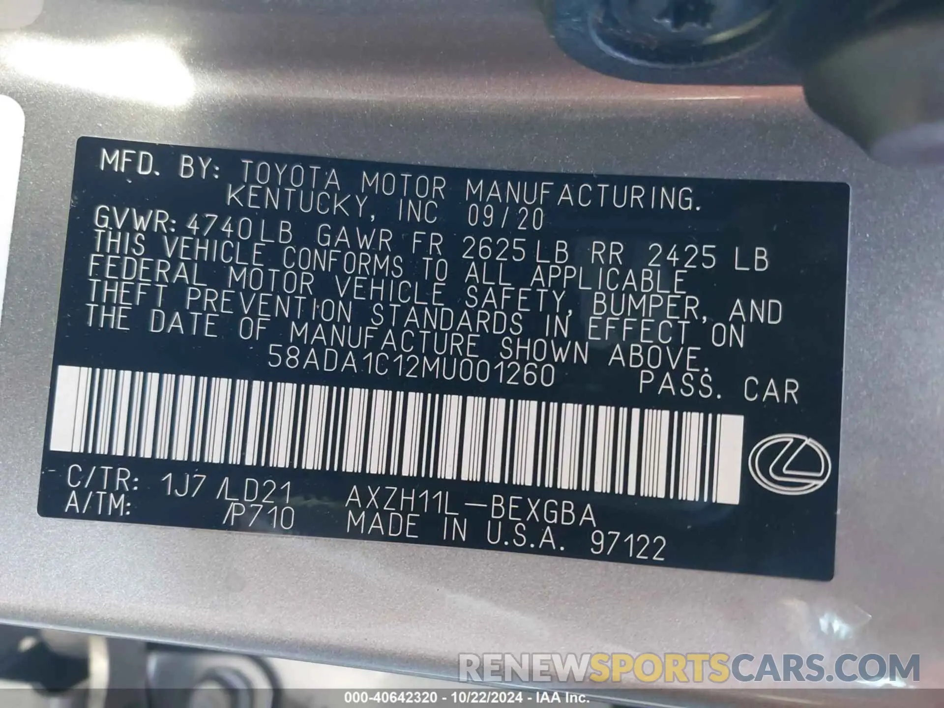 9 Photograph of a damaged car 58ADA1C12MU001260 LEXUS ES 300H 2021