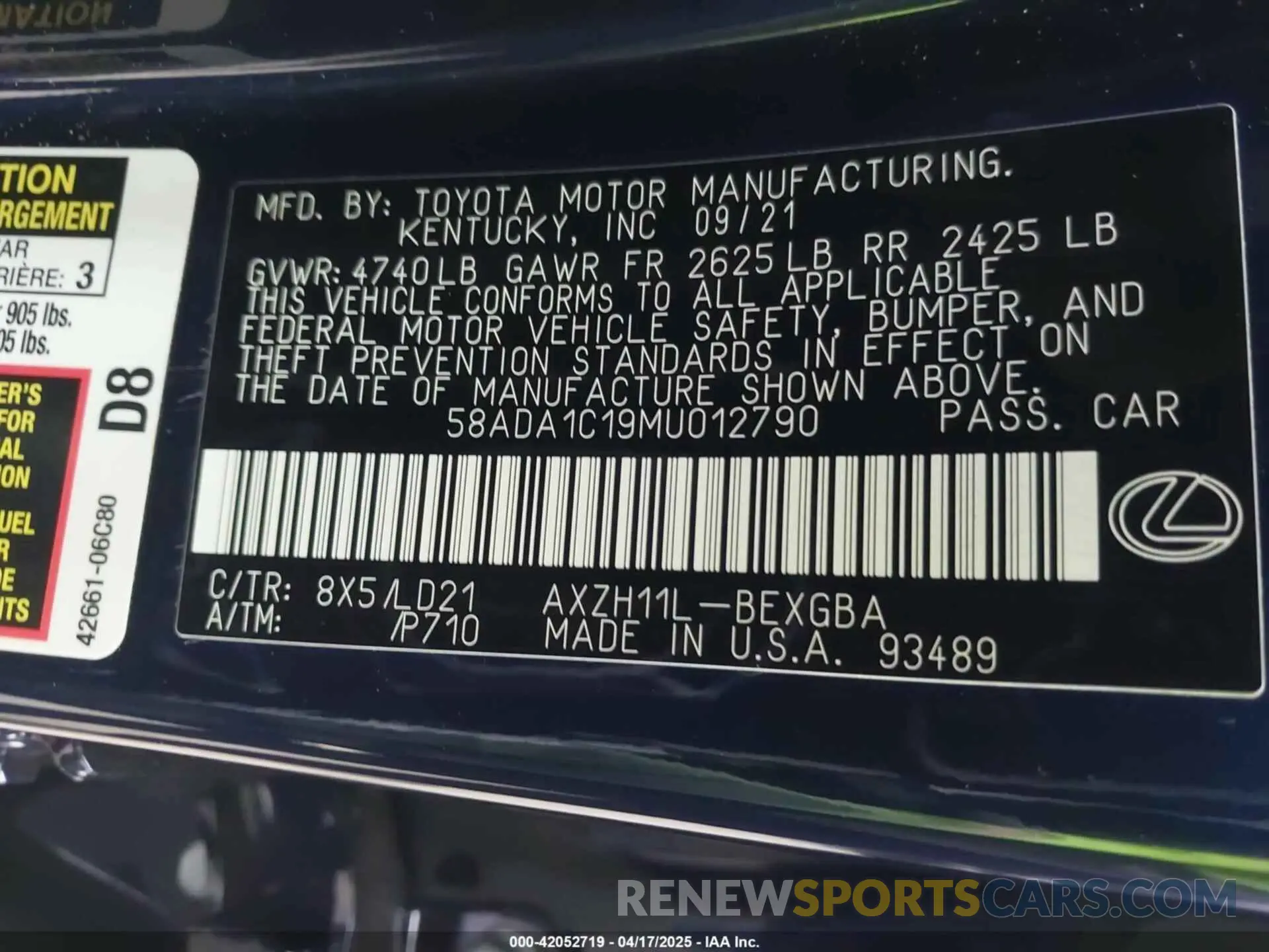 9 Photograph of a damaged car 58ADA1C19MU012790 LEXUS ES 300H 2021