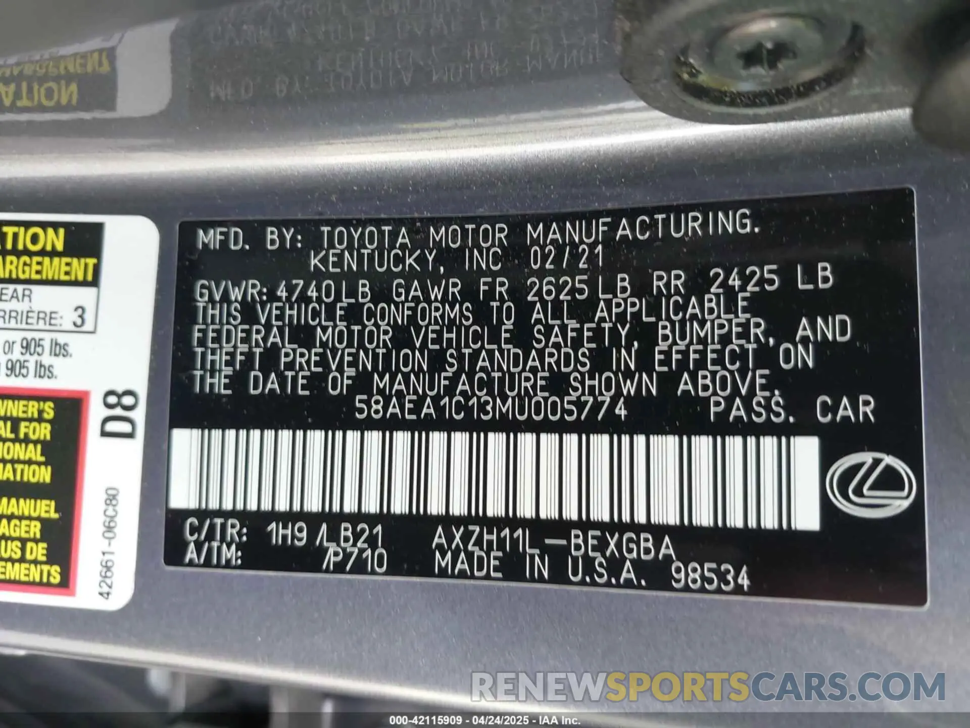 9 Photograph of a damaged car 58AEA1C13MU005774 LEXUS ES 300H 2021