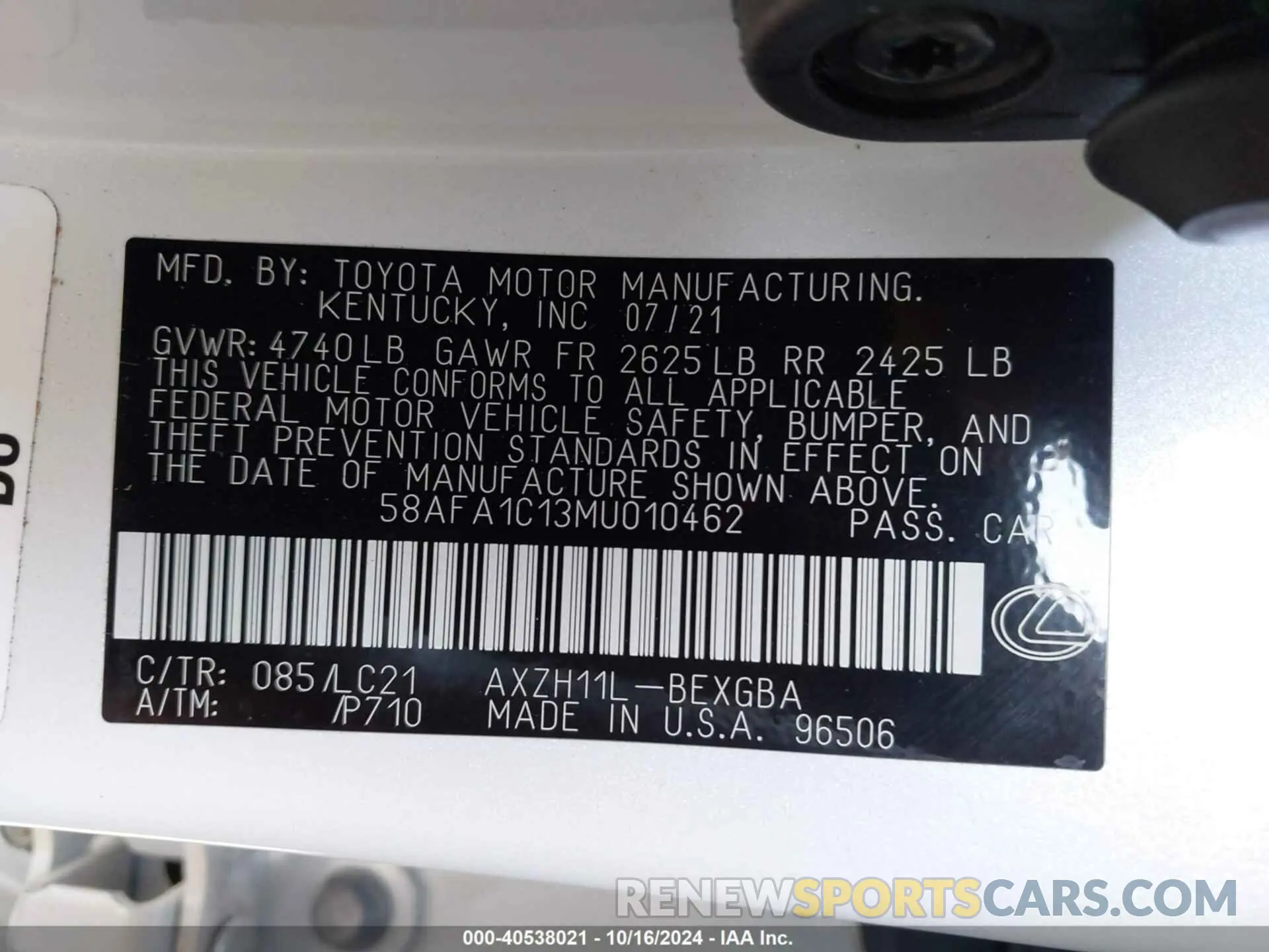 9 Photograph of a damaged car 58AFA1C13MU010462 LEXUS ES 300H 2021