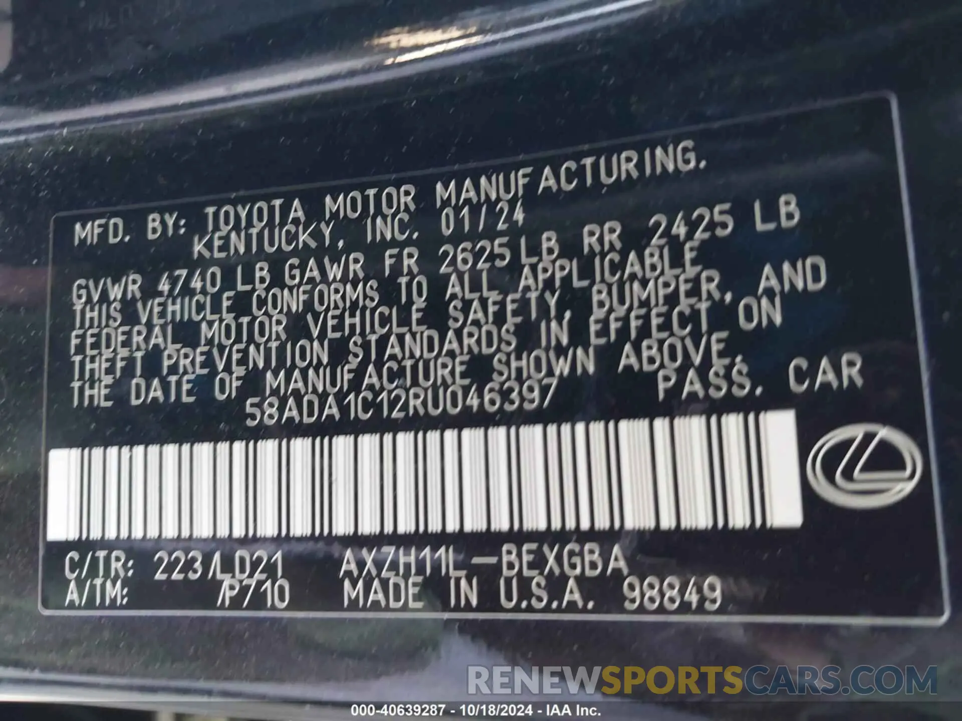 9 Photograph of a damaged car 58ADA1C12RU046397 LEXUS ES 300H 2024