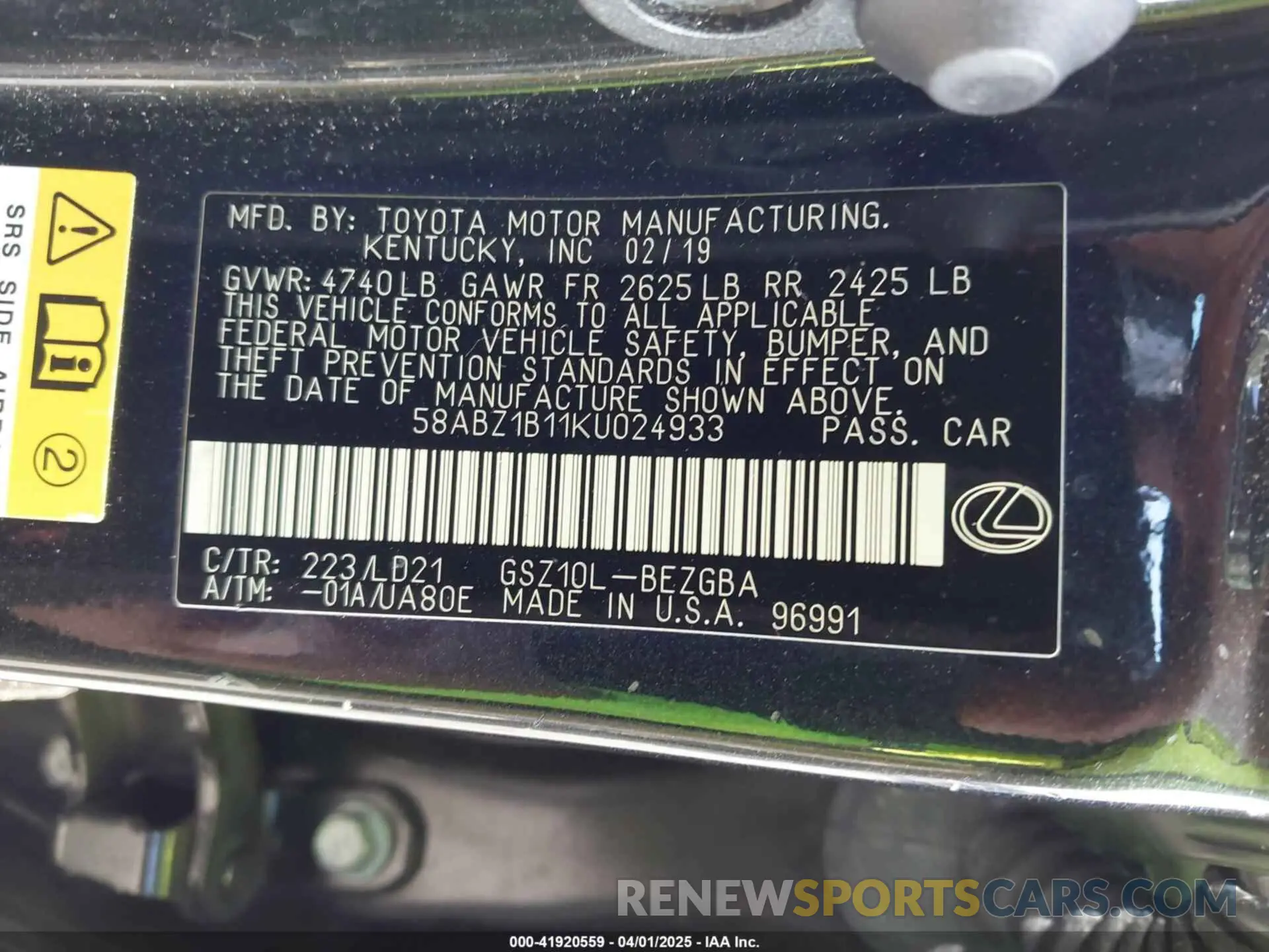 9 Photograph of a damaged car 58ABZ1B11KU024933 LEXUS ES 350 2019