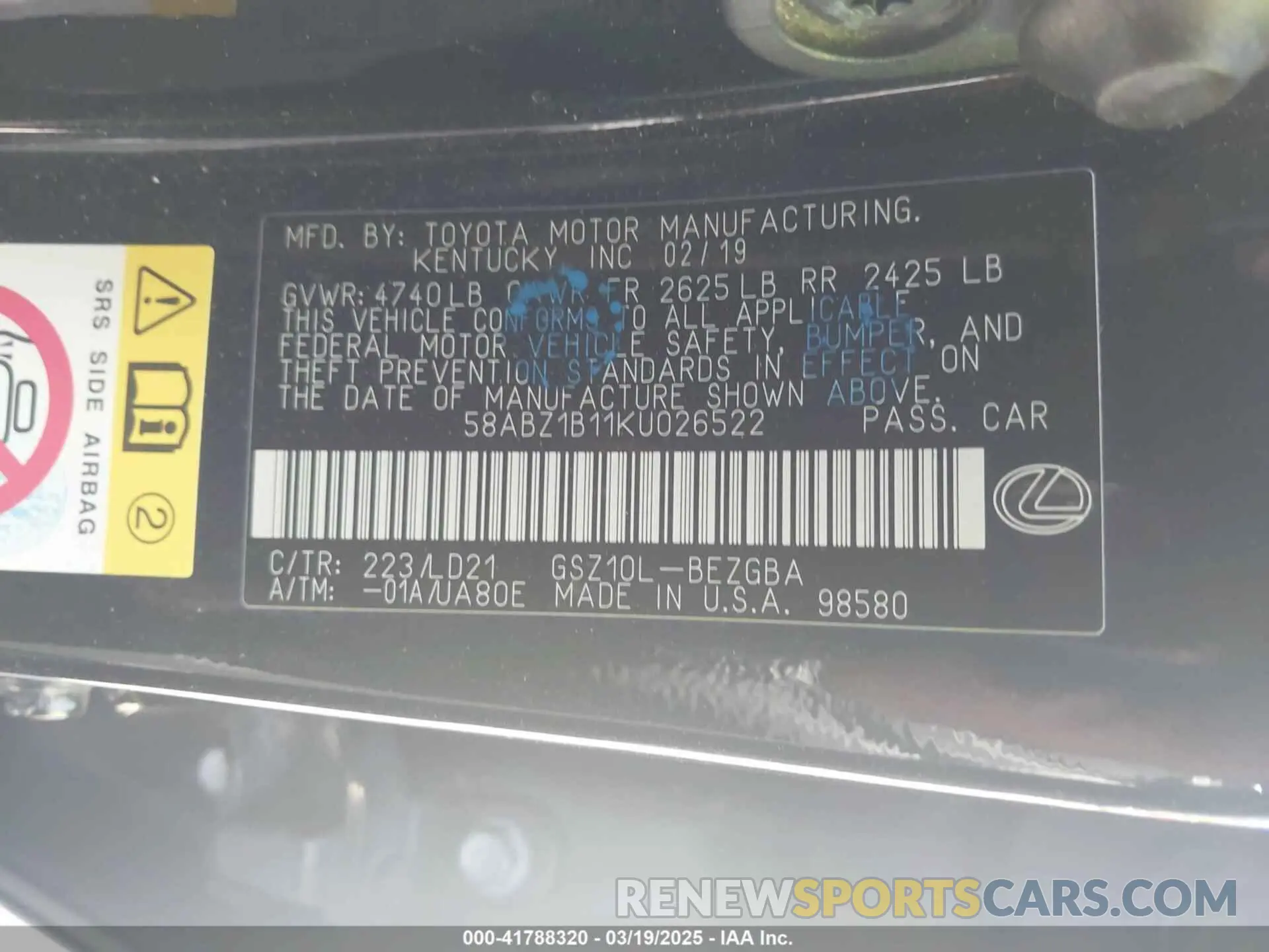 9 Photograph of a damaged car 58ABZ1B11KU026522 LEXUS ES 350 2019
