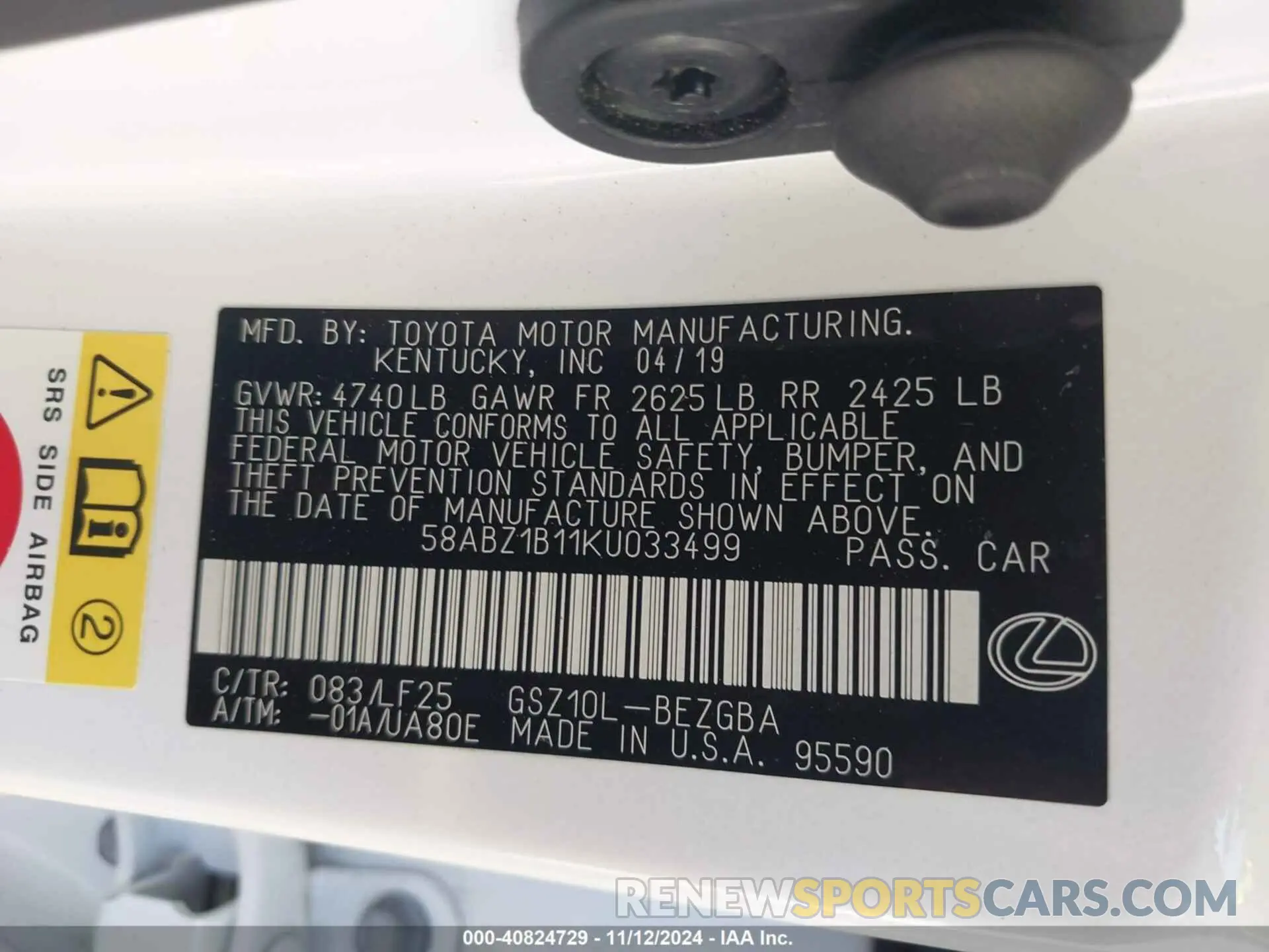 9 Photograph of a damaged car 58ABZ1B11KU033499 LEXUS ES 350 2019